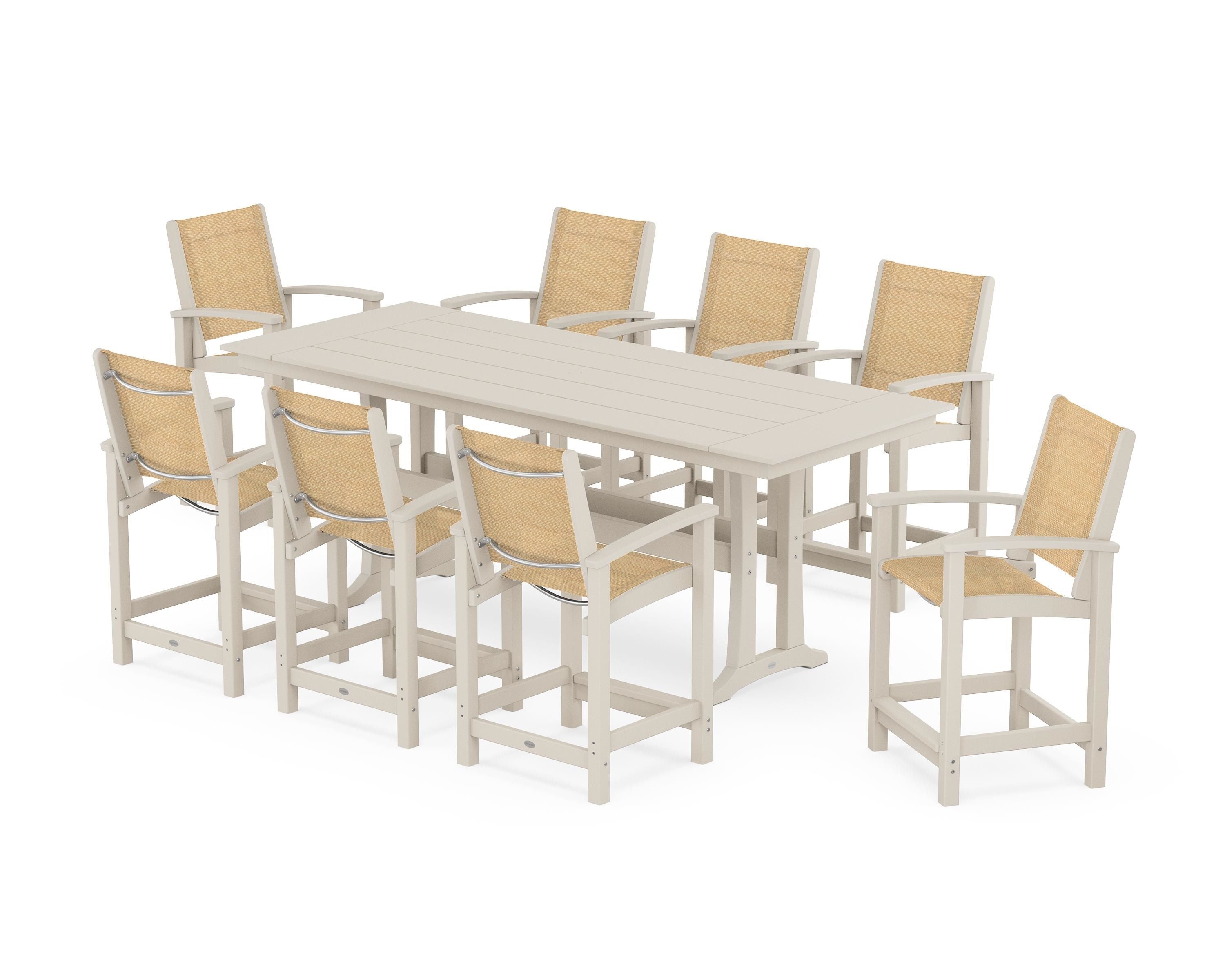 POLYWOOD Coastal 9-Piece Farmhouse Counter Set with Trestle Legs in Sand / Dupioni Apricot Sling