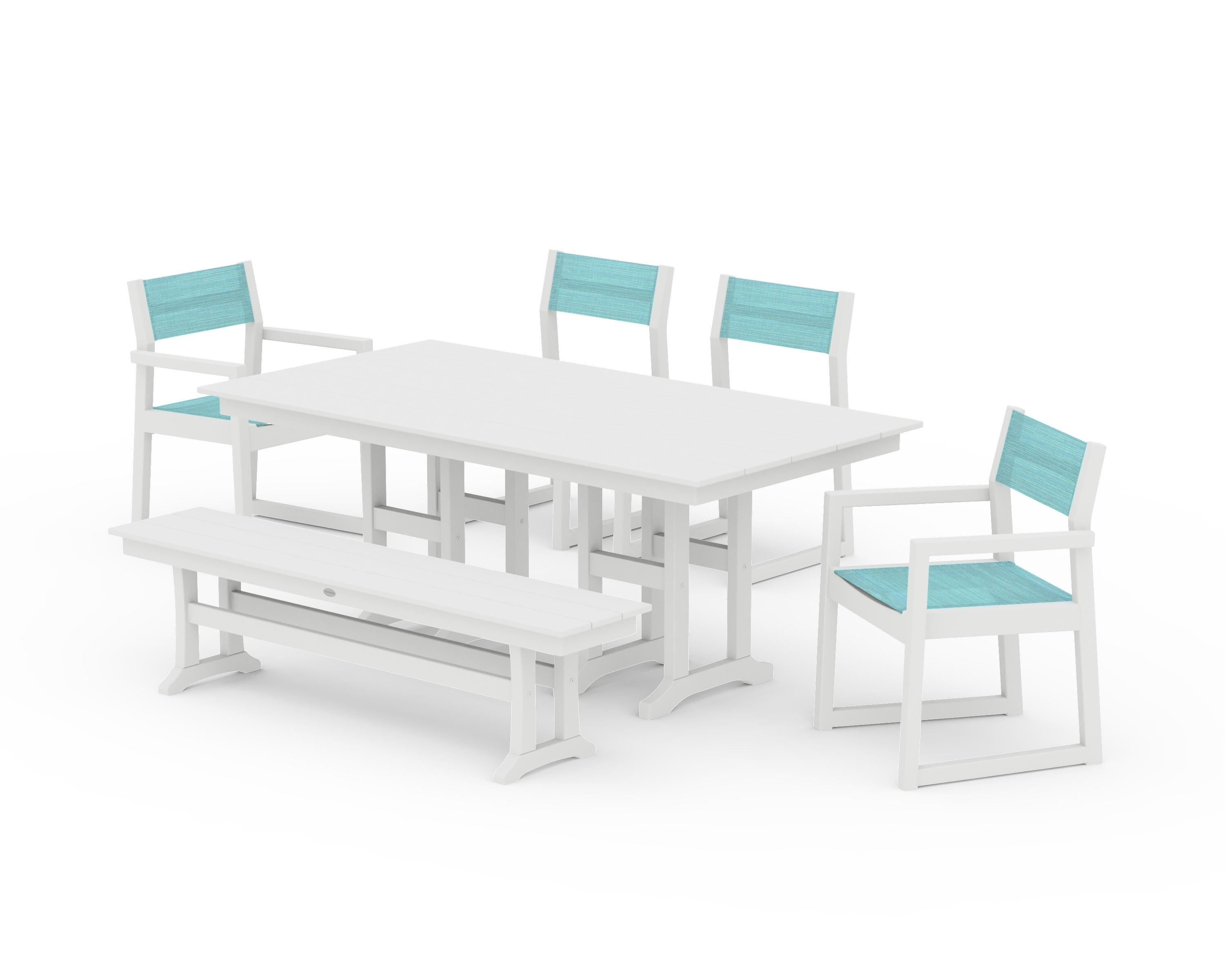 POLYWOOD EDGE Sling 6-Piece Farmhouse Dining Set in White / Dupioni Aquamarine Sling