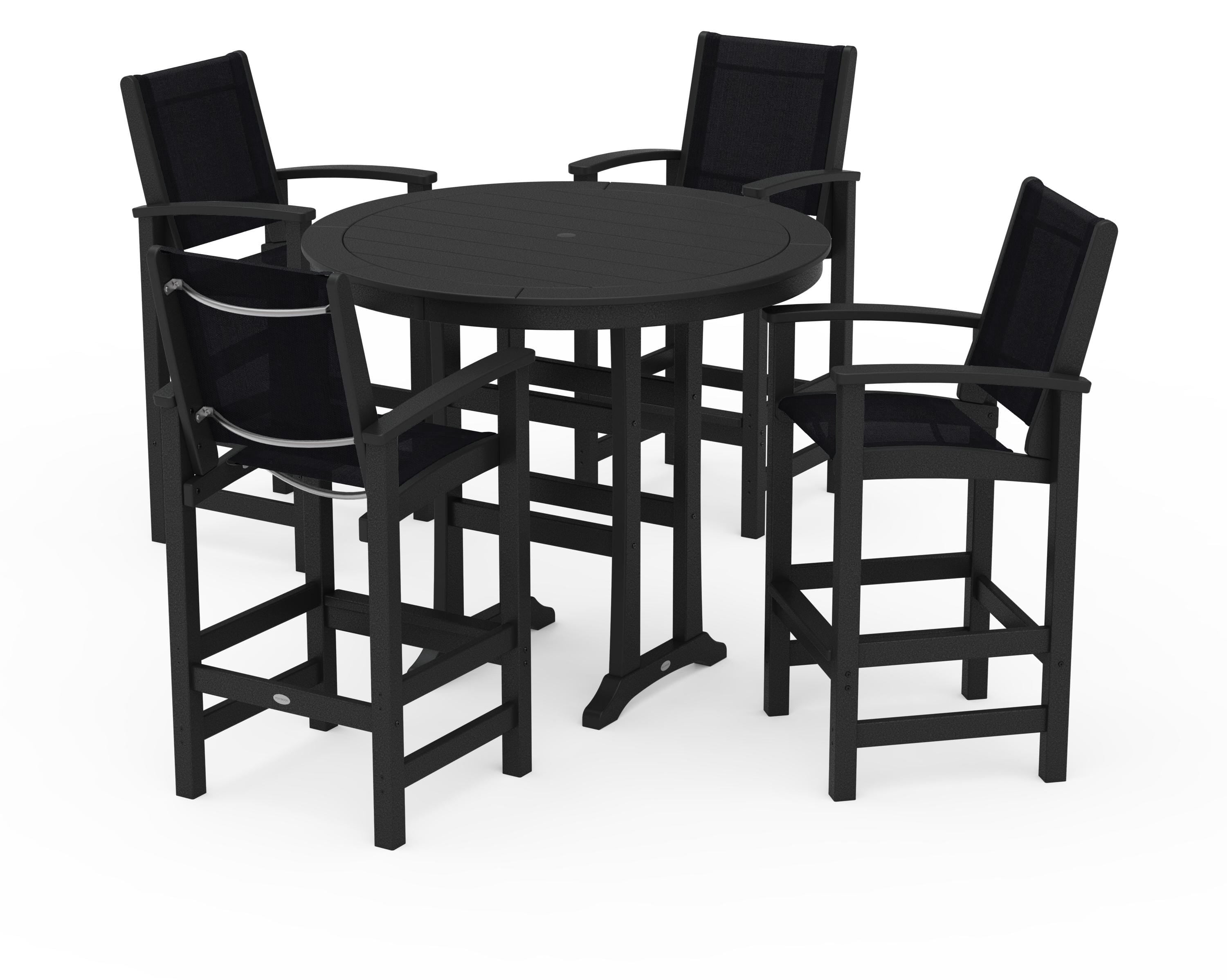 POLYWOOD Coastal 5-Piece Nautical Trestle Bar Set in Black / Black Sling