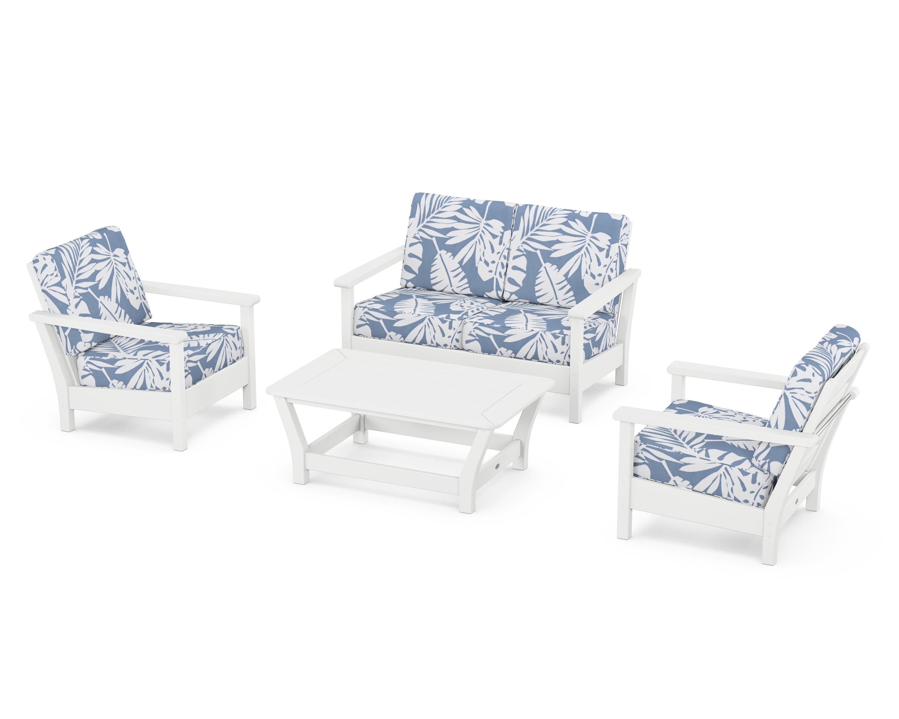 POLYWOOD Harbour 4-Piece Deep Seating Set in White / Leaf Sky Blue