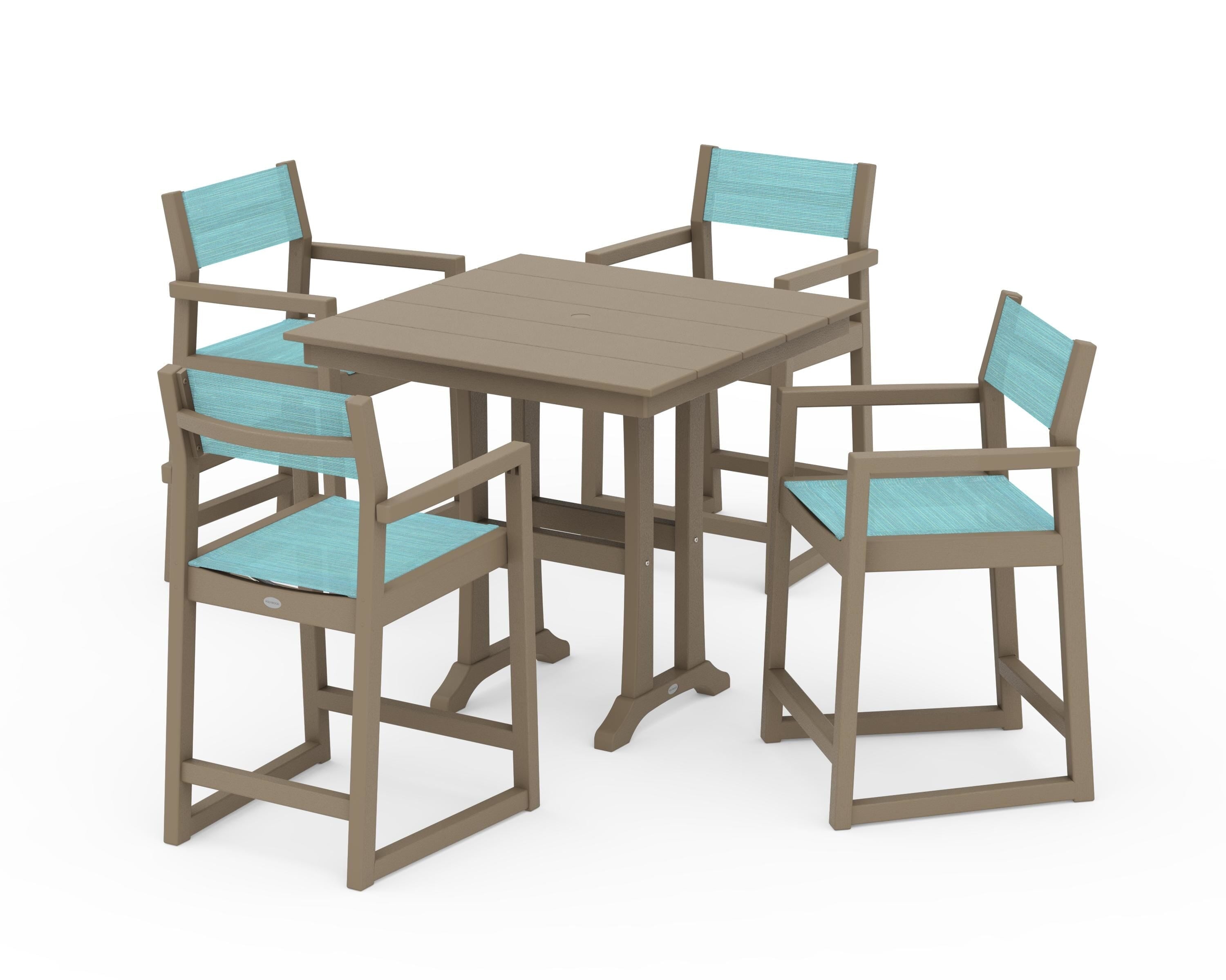 POLYWOOD EDGE Sling Arm Chair 5-Piece Farmhouse Counter Set with Trestle Legs in Vintage Sahara / Dupioni Aquamarine Sling