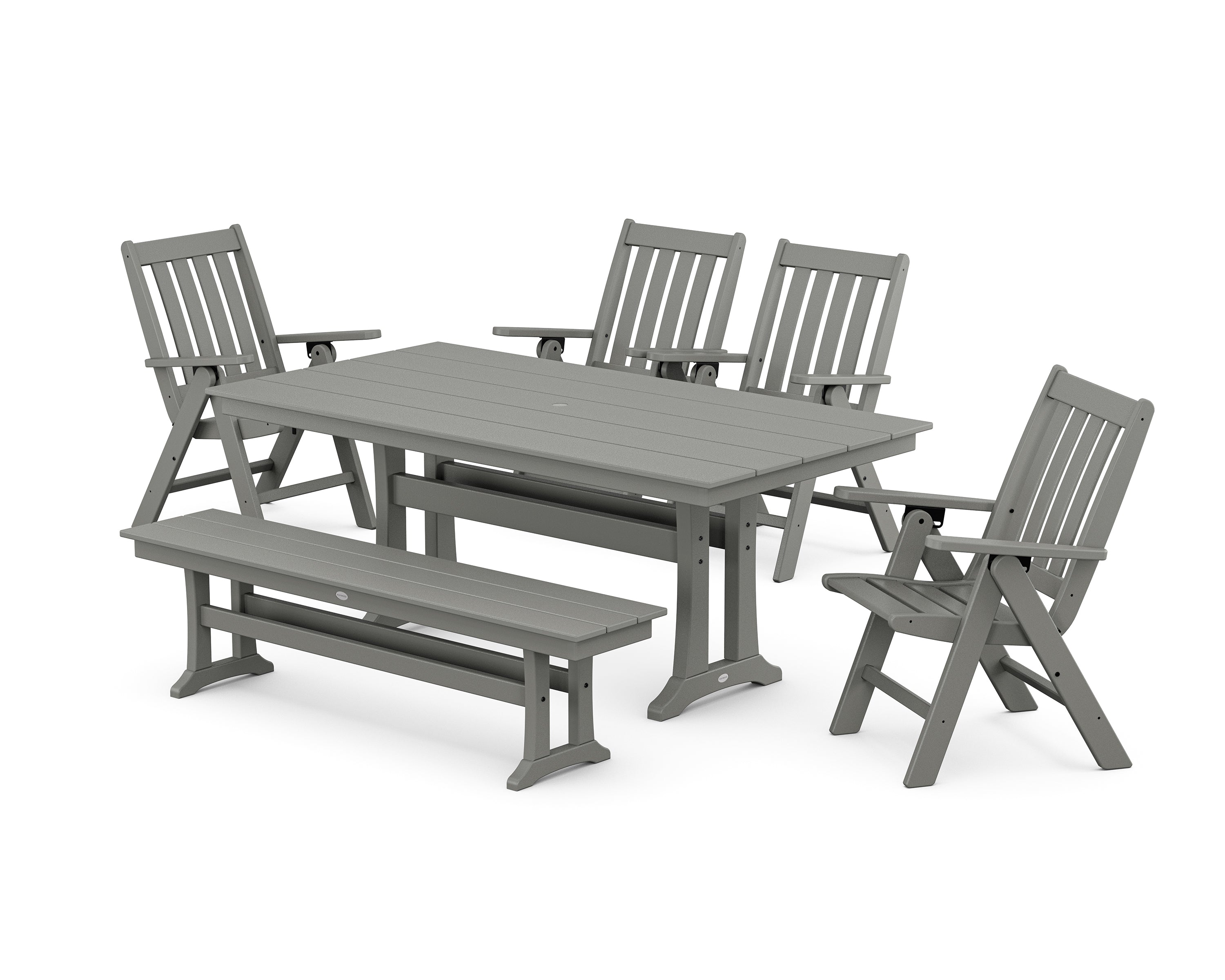 POLYWOOD Vineyard 6-Piece Folding Chair Farmhouse Dining Set with Trestle Legs and Bench in Slate Grey
