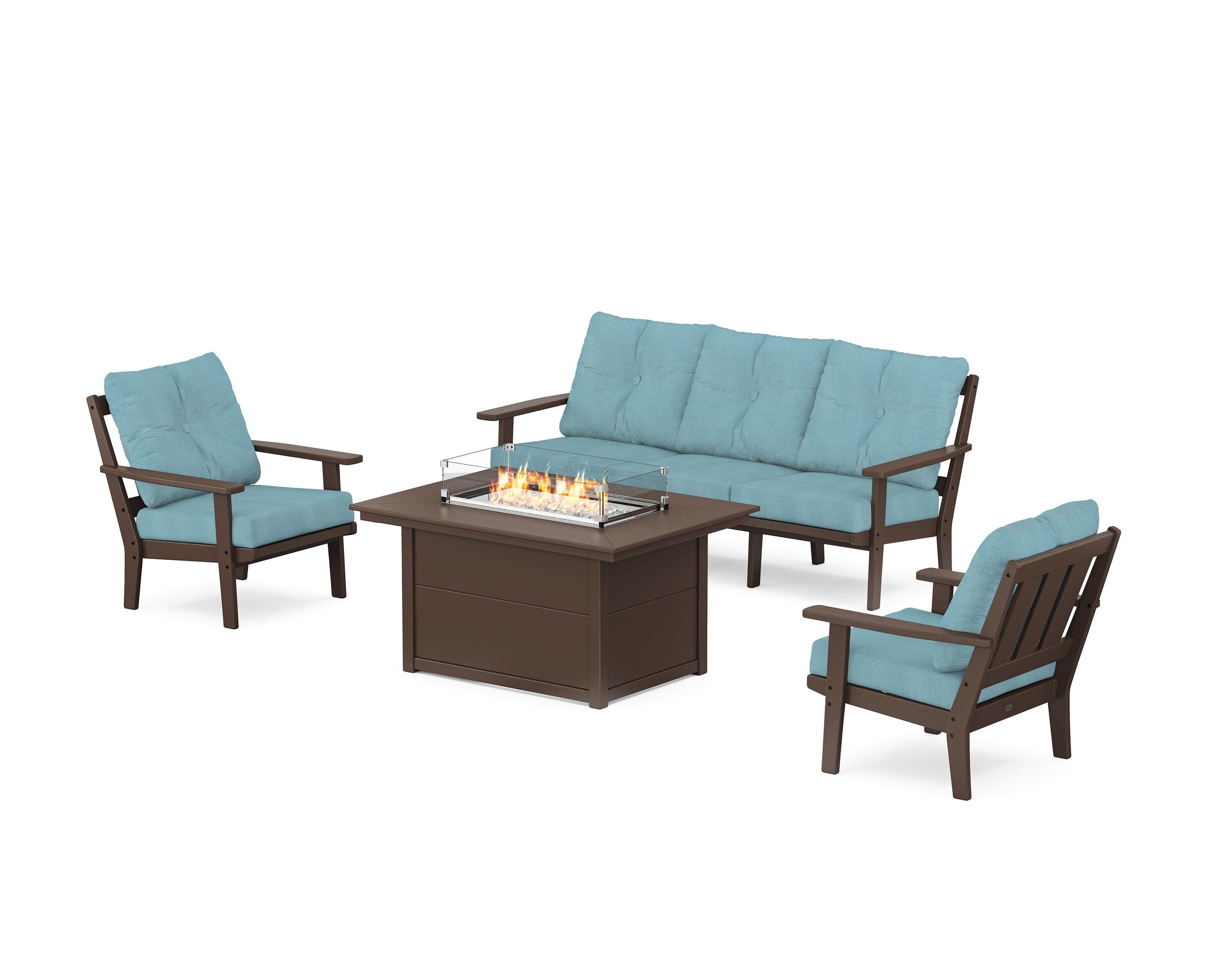 POLYWOOD Oxford Deep Seating Fire Pit Table Set in Mahogany / Lattice Sky Blue