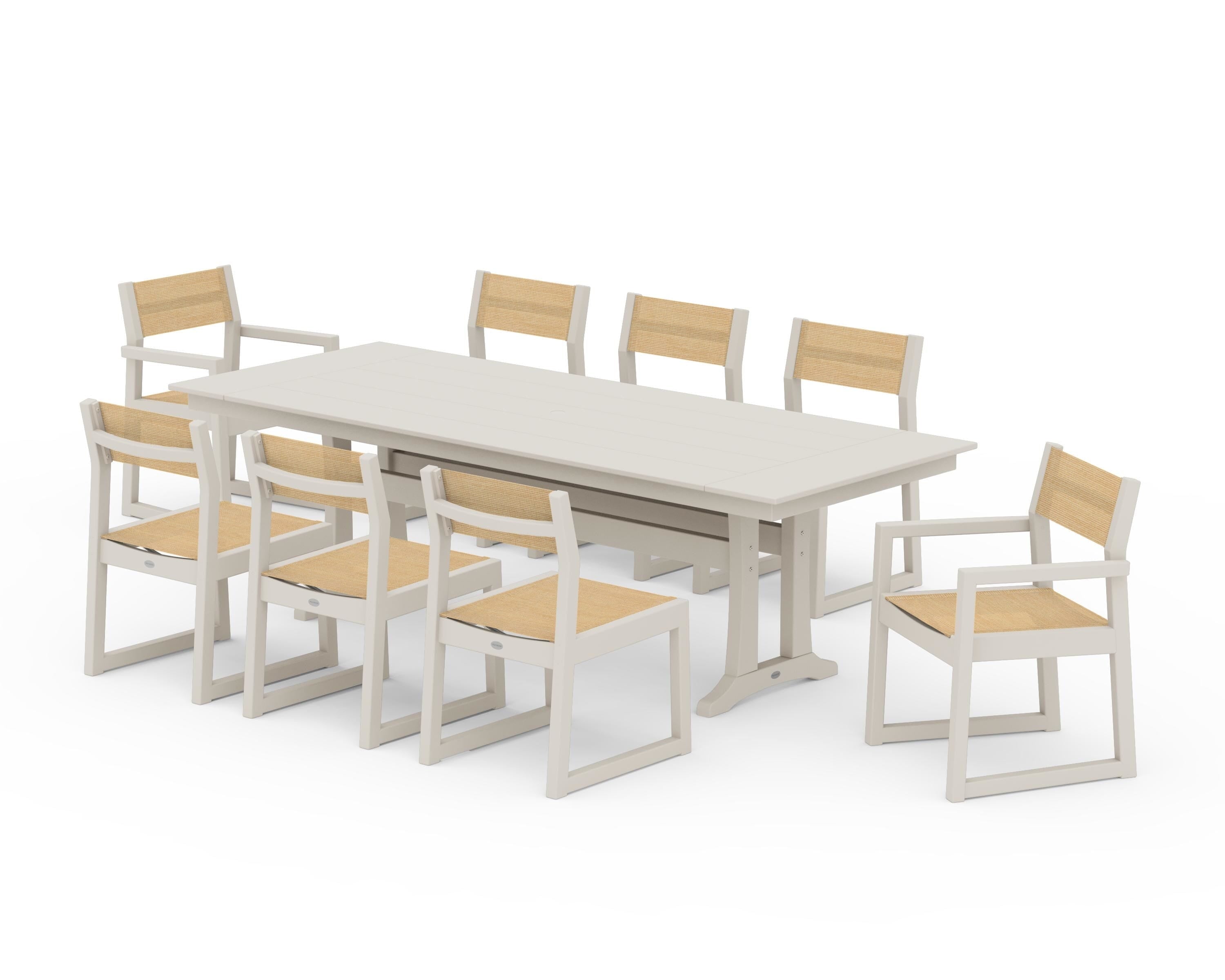 POLYWOOD EDGE Sling 9-Piece Farmhouse Trestle Dining Set in Sand / Dupioni Apricot Sling