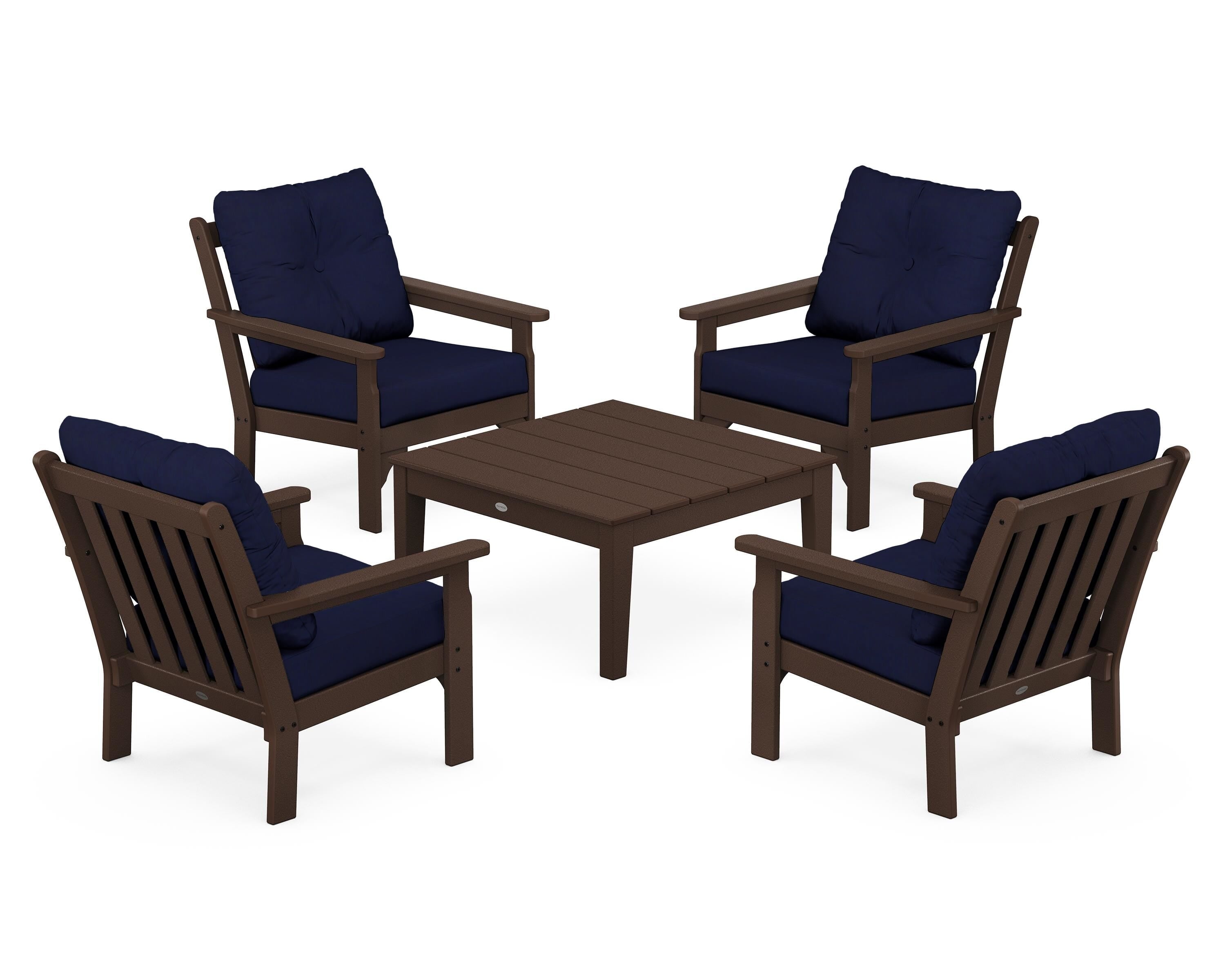 POLYWOOD Vineyard 5-Piece Deep Seating Conversation Set in Mahogany / Navy