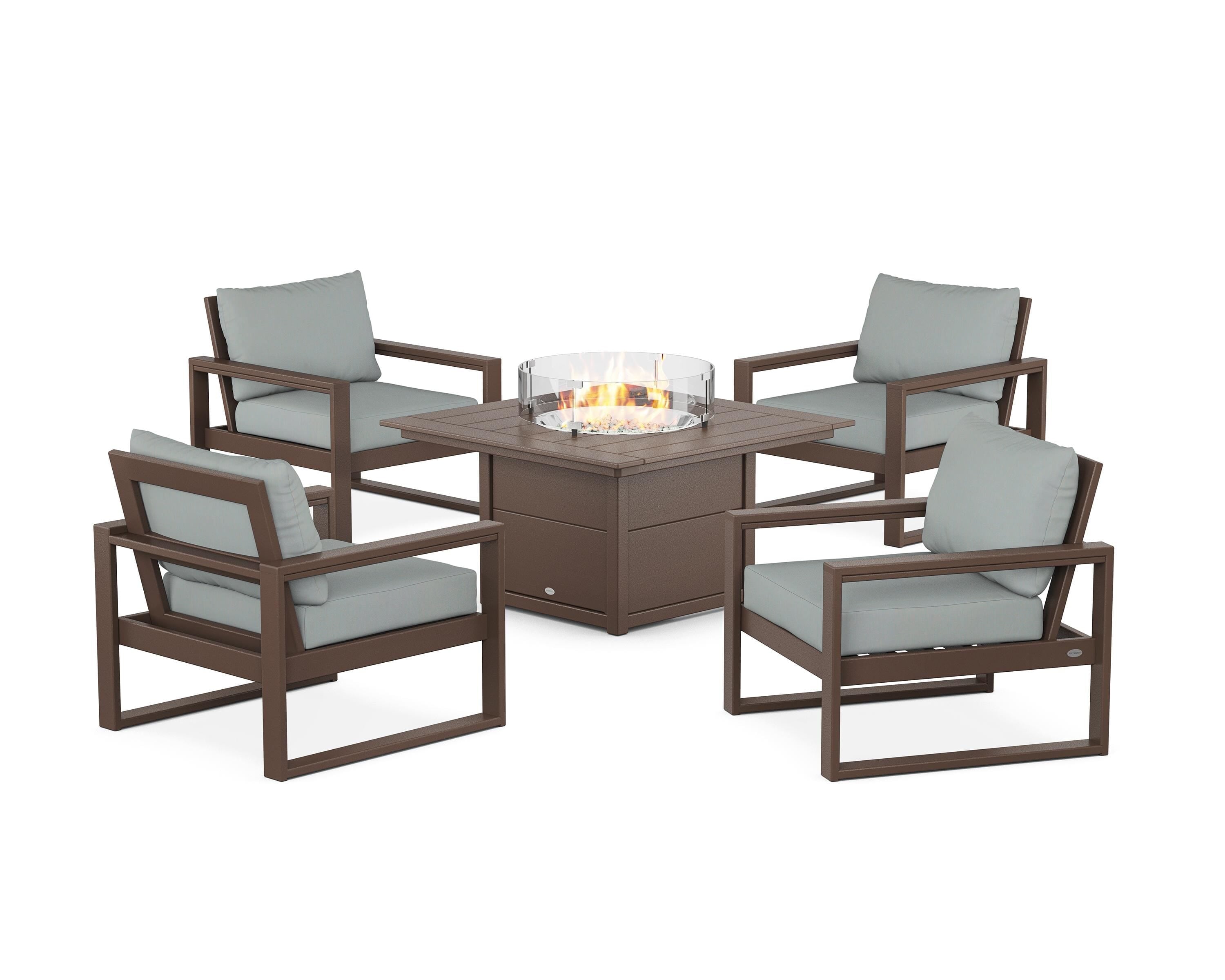 POLYWOOD EDGE Sectional 5-Piece Deep Seating Set with Fire Pit Table in Mahogany / Spa