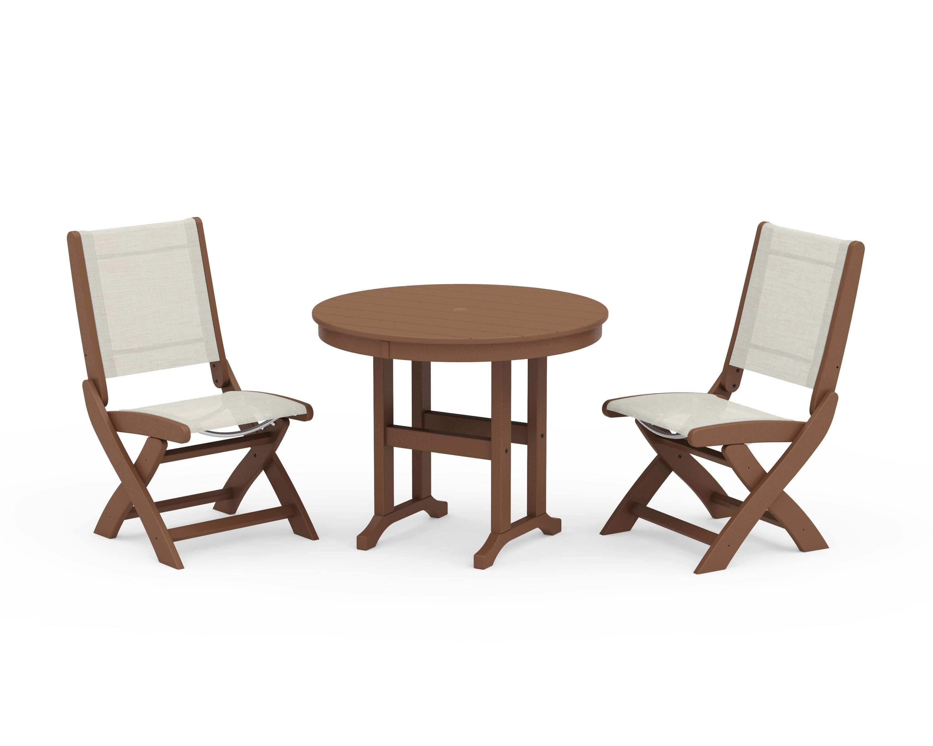 POLYWOOD Coastal Folding Side Chair 3-Piece Round Dining Set in Teak / Parchment Sling