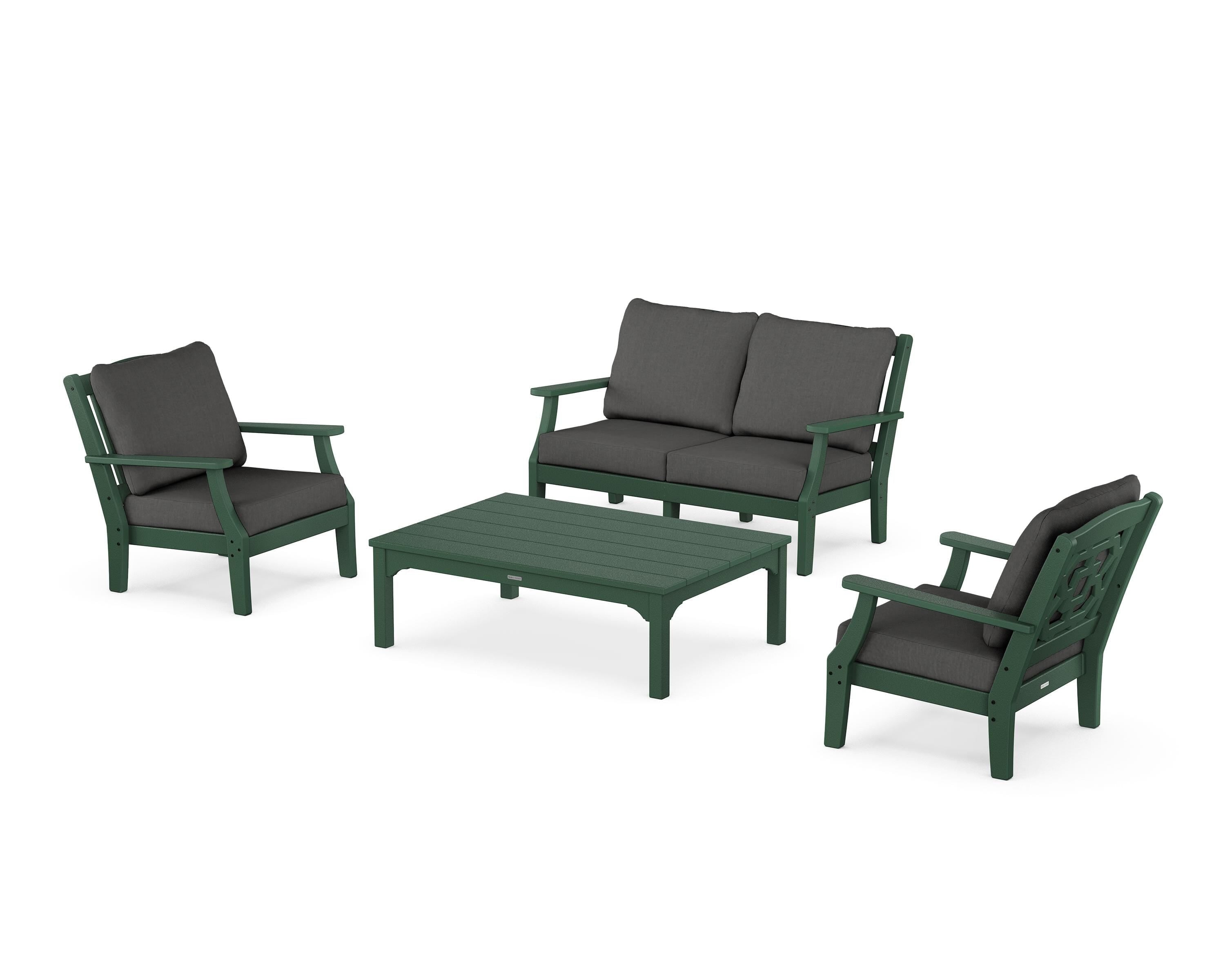 Martha Stewart by POLYWOOD Chinoiserie 4-Piece Deep Seating Set with Loveseat in Green / Spectrum Carbon