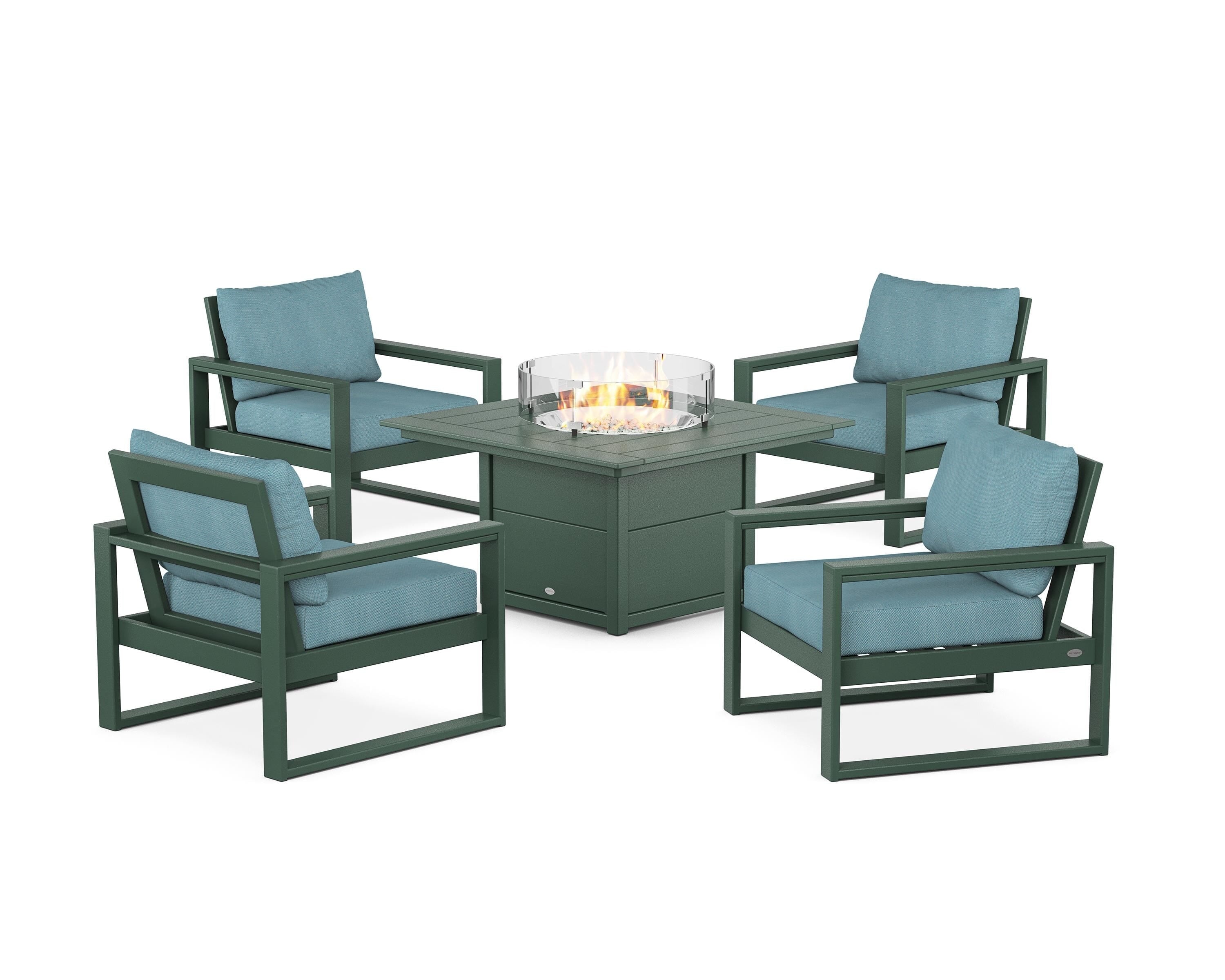 POLYWOOD EDGE Sectional 5-Piece Deep Seating Set with Fire Pit Table in Green / Lattice Sky Blue