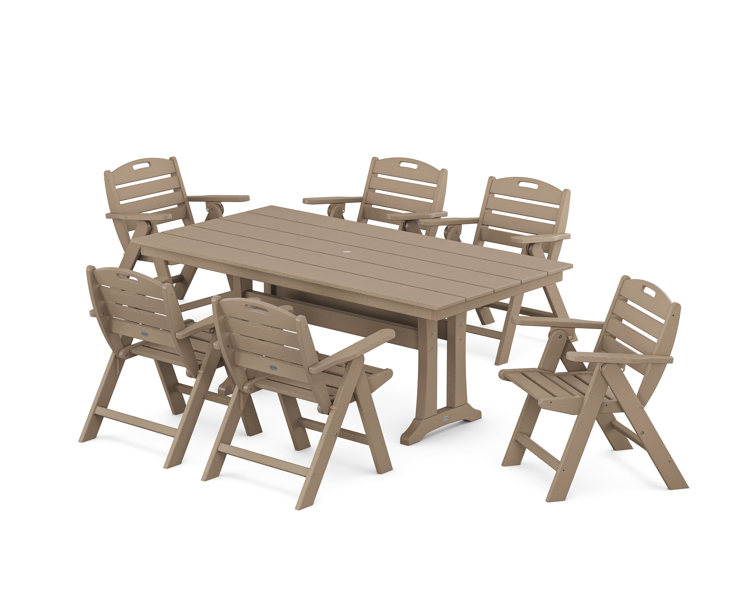 POLYWOOD Nautical Lowback 7-Piece Farmhouse Dining Set with Trestle Legs in Vintage Sahara