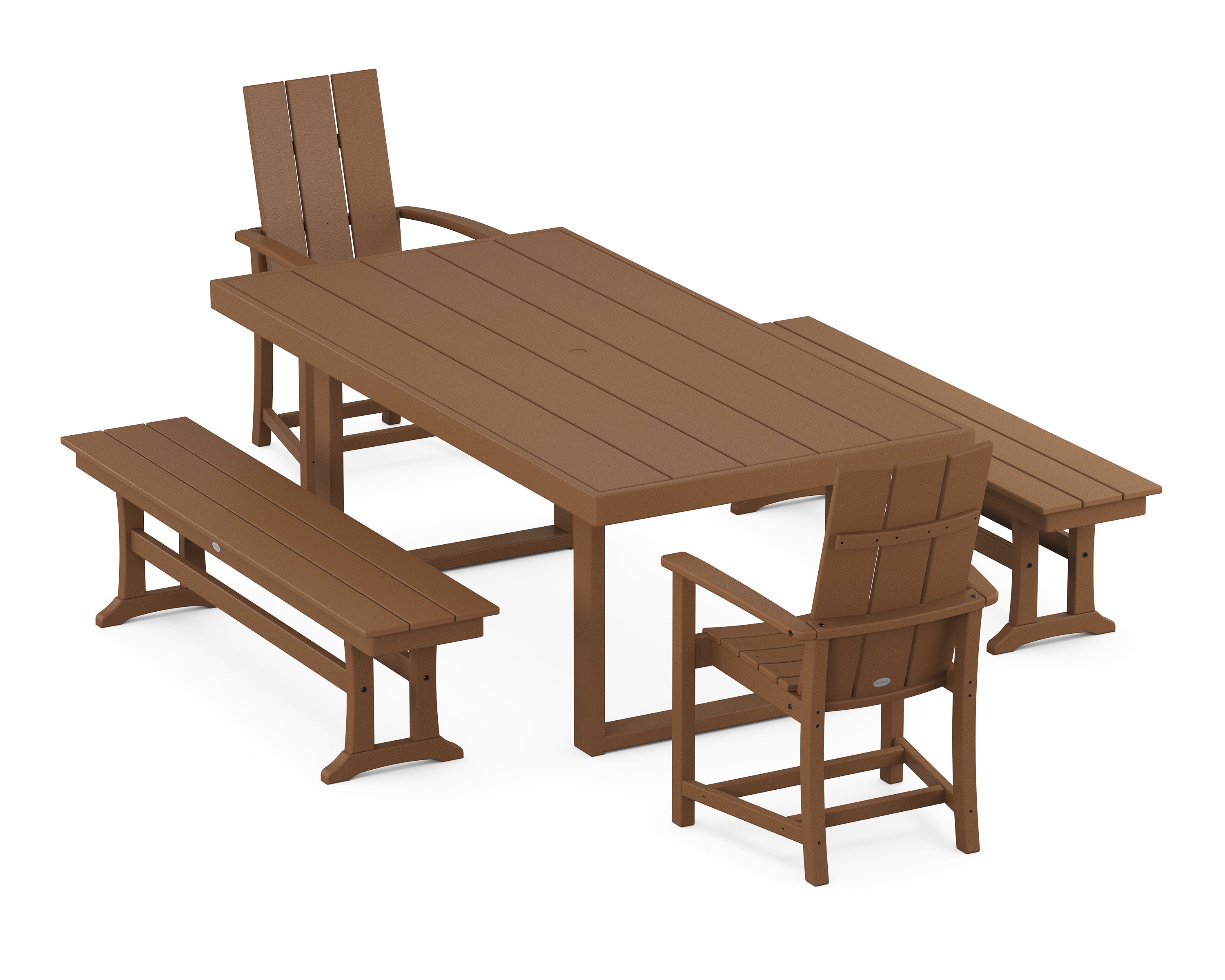 POLYWOOD® Modern Adirondack 5-Piece Dining Set with Benches in Teak