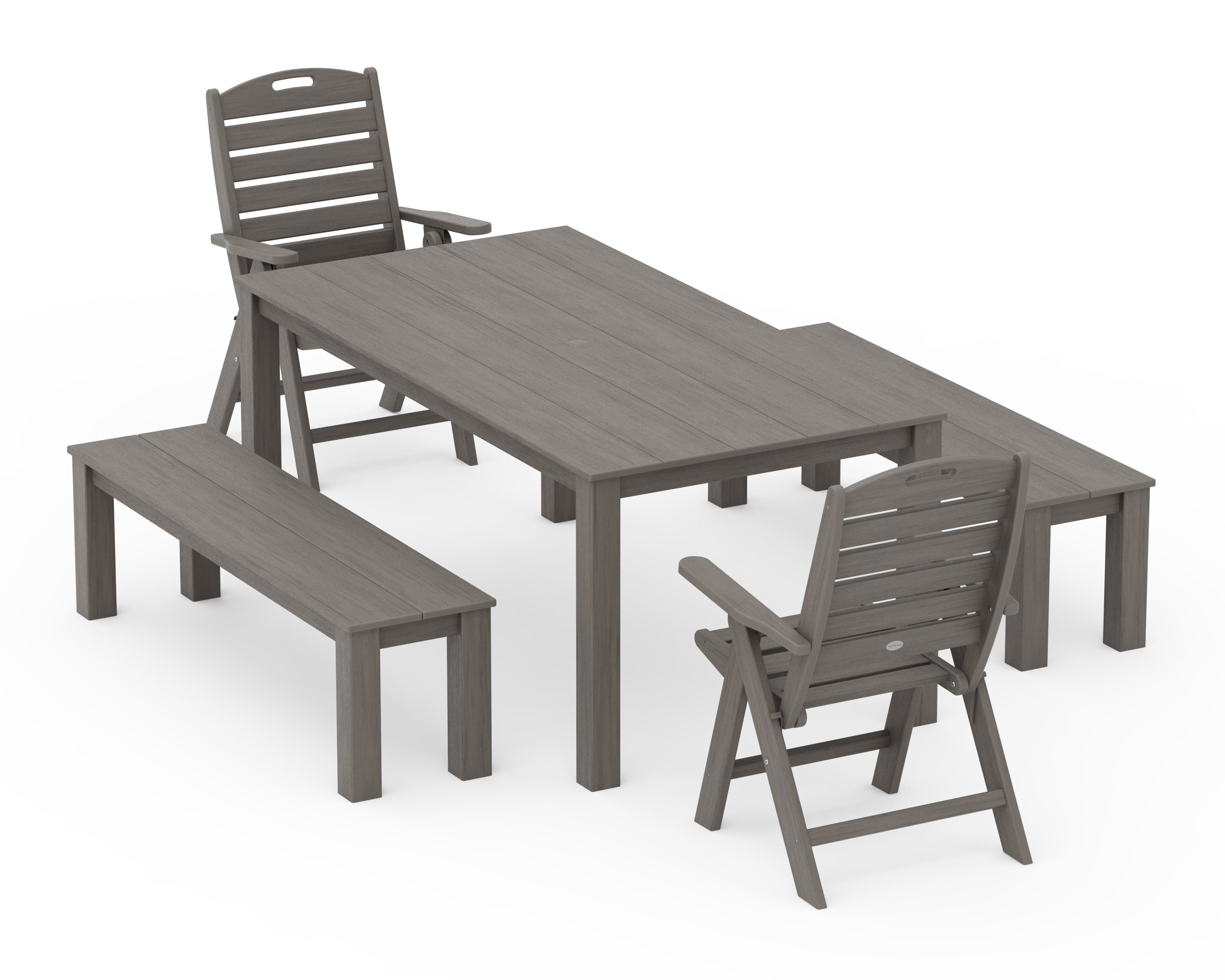 POLYWOOD Nautical Folding Highback Chair 5-Piece Parsons Dining Set with Benches in Driftwood