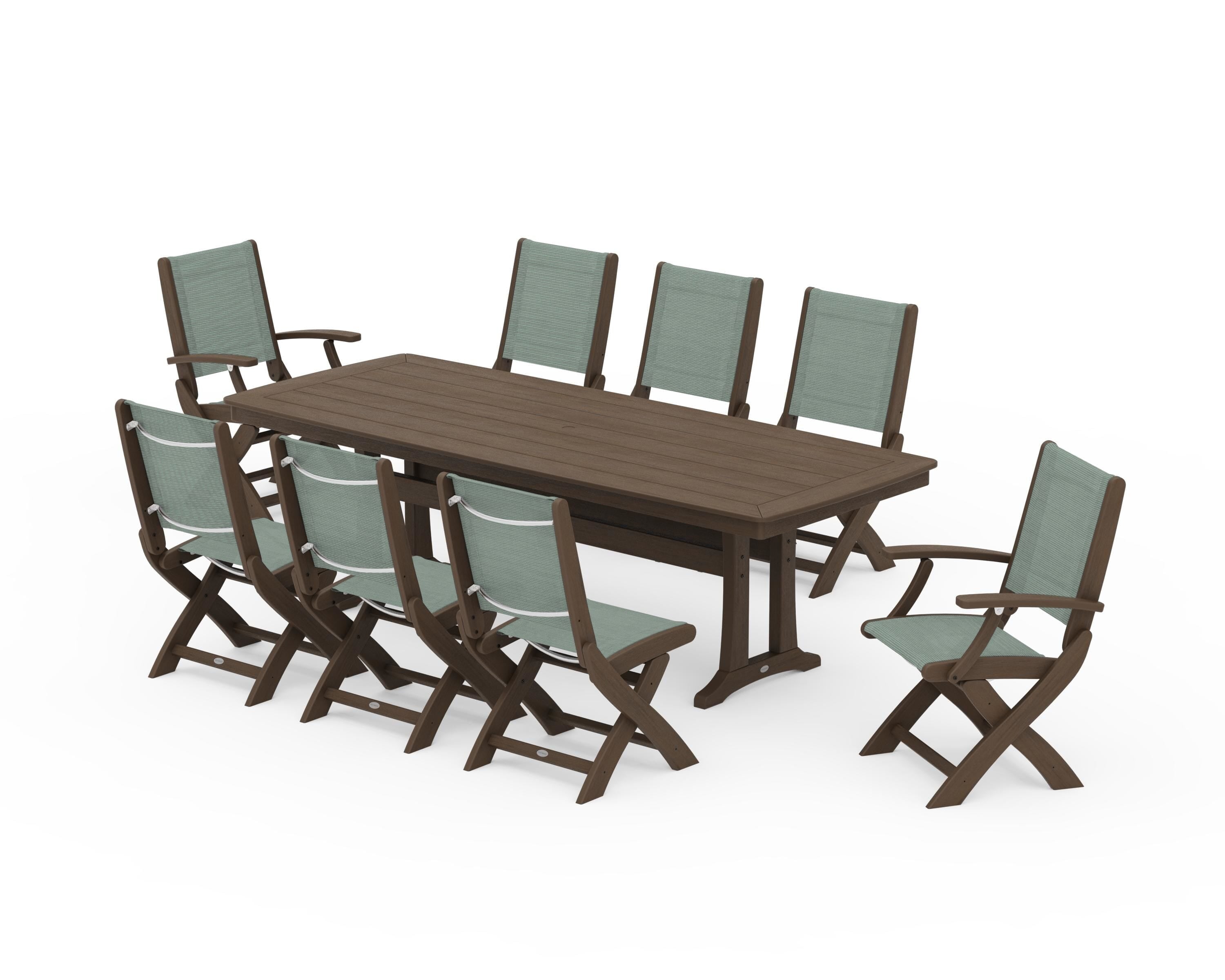 POLYWOOD Coastal Folding 9-Piece Dining Set with Trestle Legs in Kona / Dupioni Sea Mist Sling