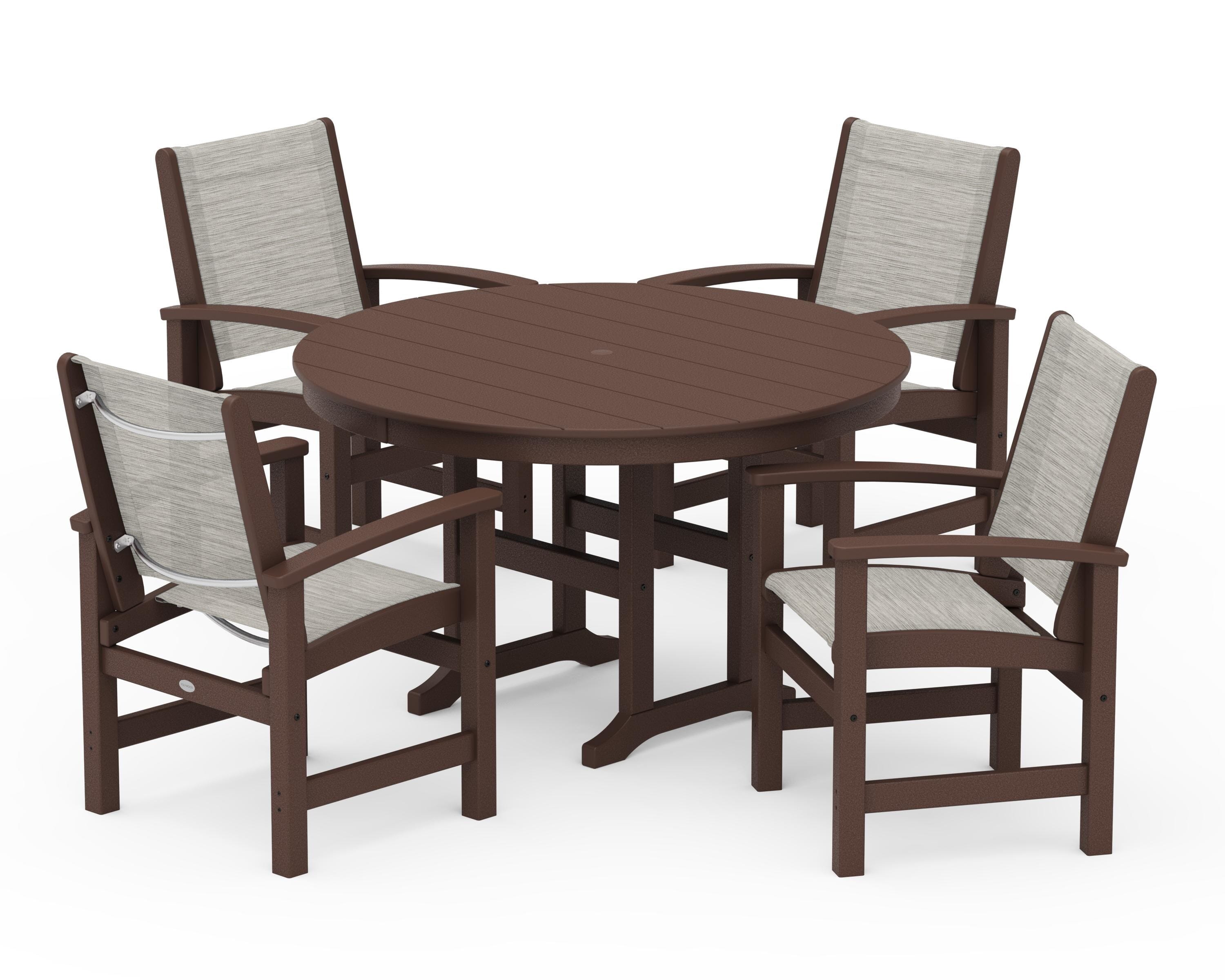 POLYWOOD Coastal 5-Piece Round Farmhouse Dining Set in Mahogany / Birch Sling