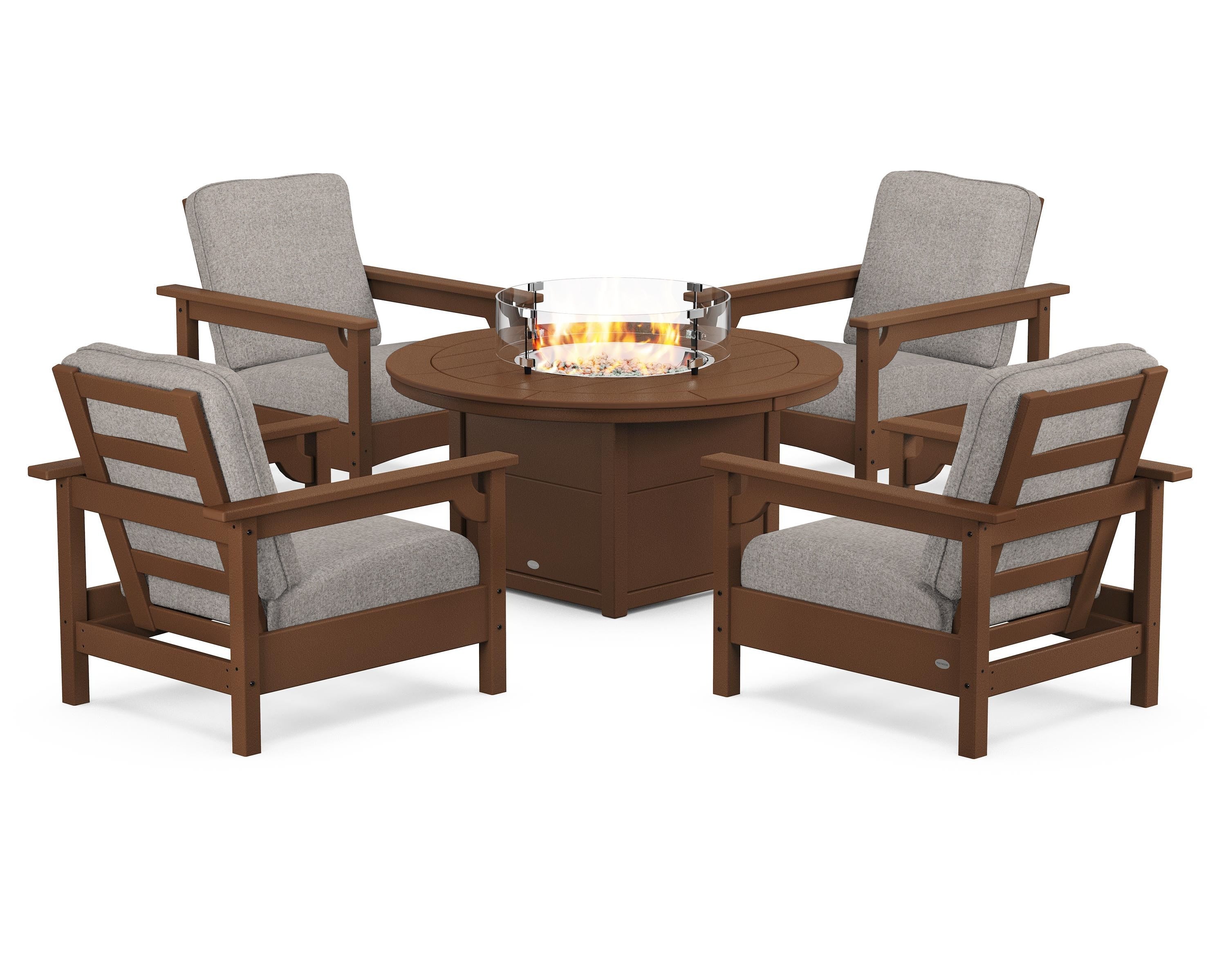 POLYWOOD Club 5-Piece Conversation Set with Fire Pit Table in Teak / Weathered Tweed