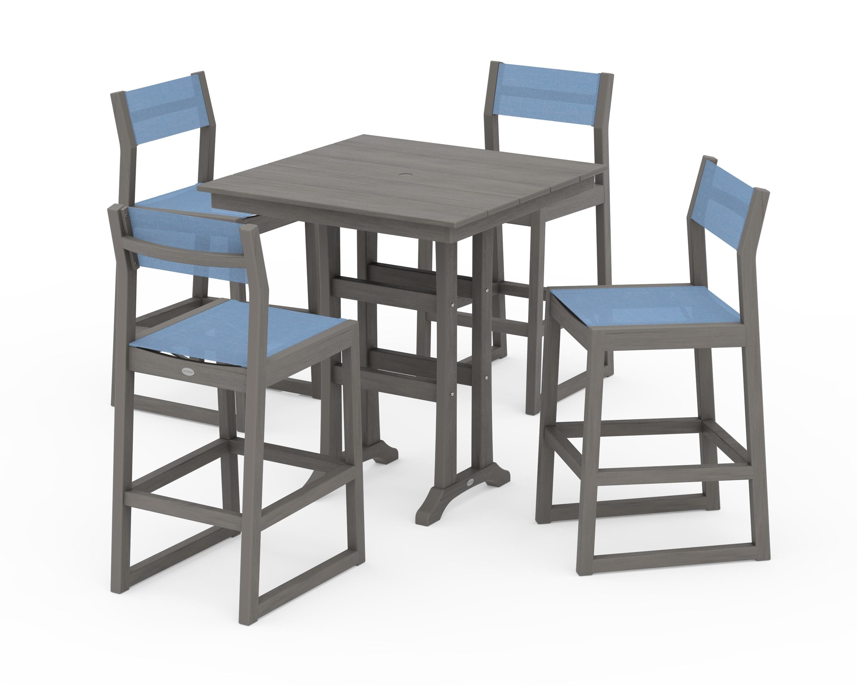 POLYWOOD EDGE Sling Arm Chair 5-Piece Farmhouse Bar Set with Trestle Legs in Driftwood / Poolside Sling