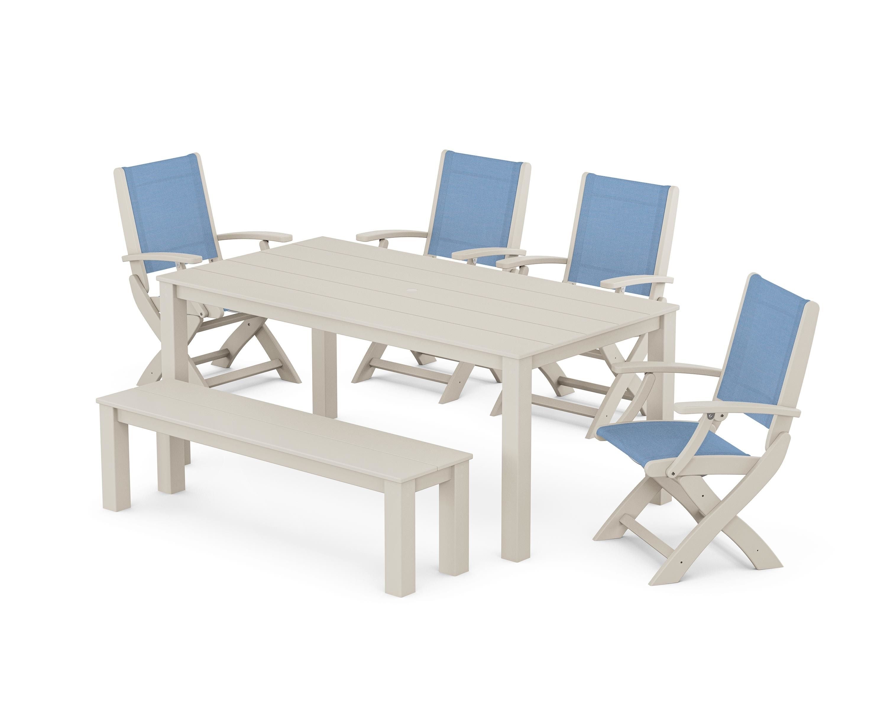 POLYWOOD Coastal Folding Chair 6-Piece Parsons Dining Set with Bench in Sand / Poolside Sling