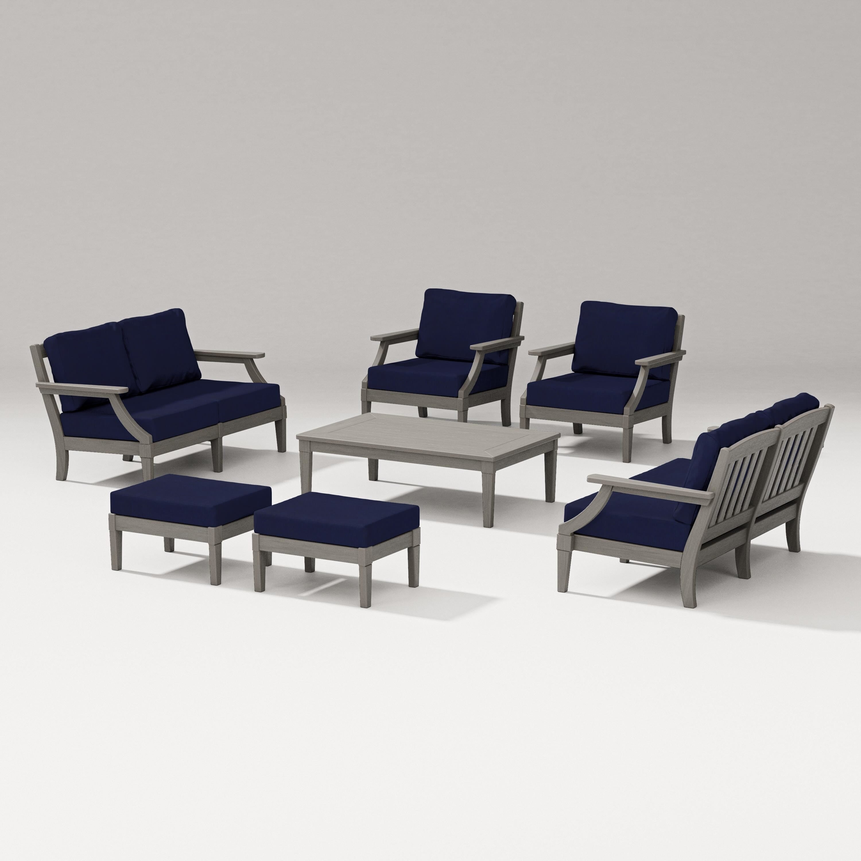PW Designer Series Estate 7-Piece Lounge Loveseat Set in Driftwood / Navy
