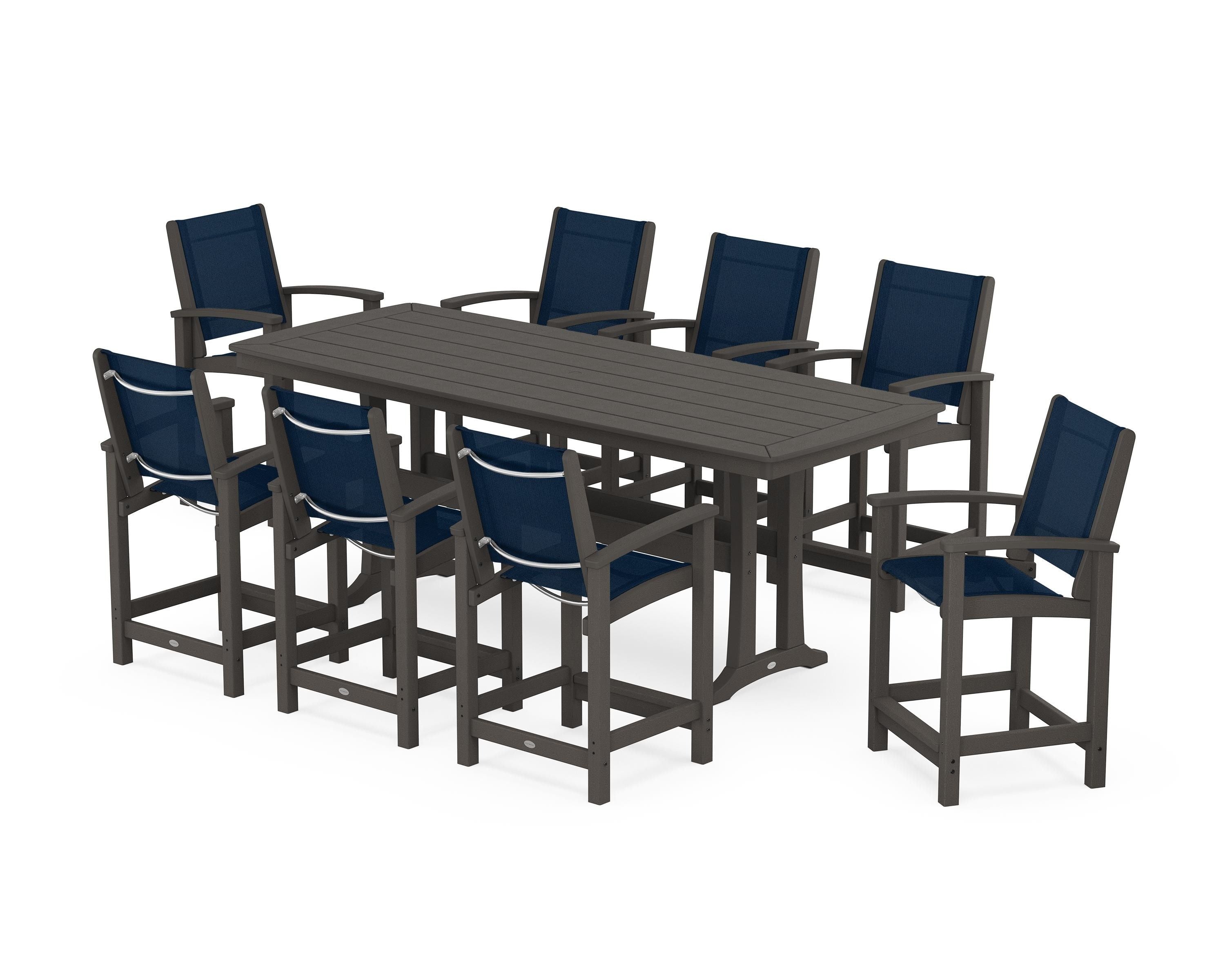 POLYWOOD Coastal 9-Piece Counter Set with Trestle Legs in Vintage Coffee / Navy Blue Sling