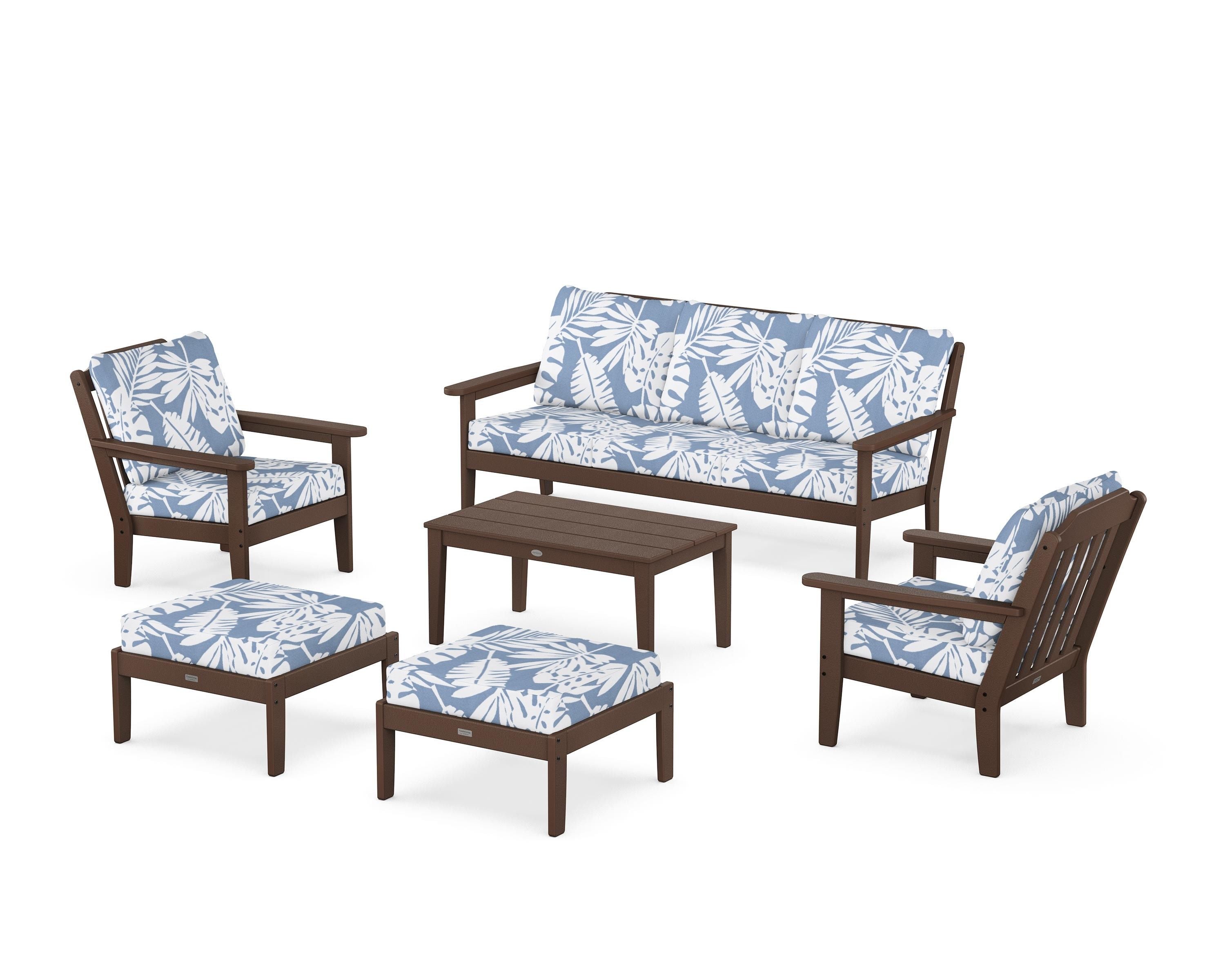 Country Living Cottage 6-Piece Lounge Sofa Set in Mahogany / Leaf Sky Blue