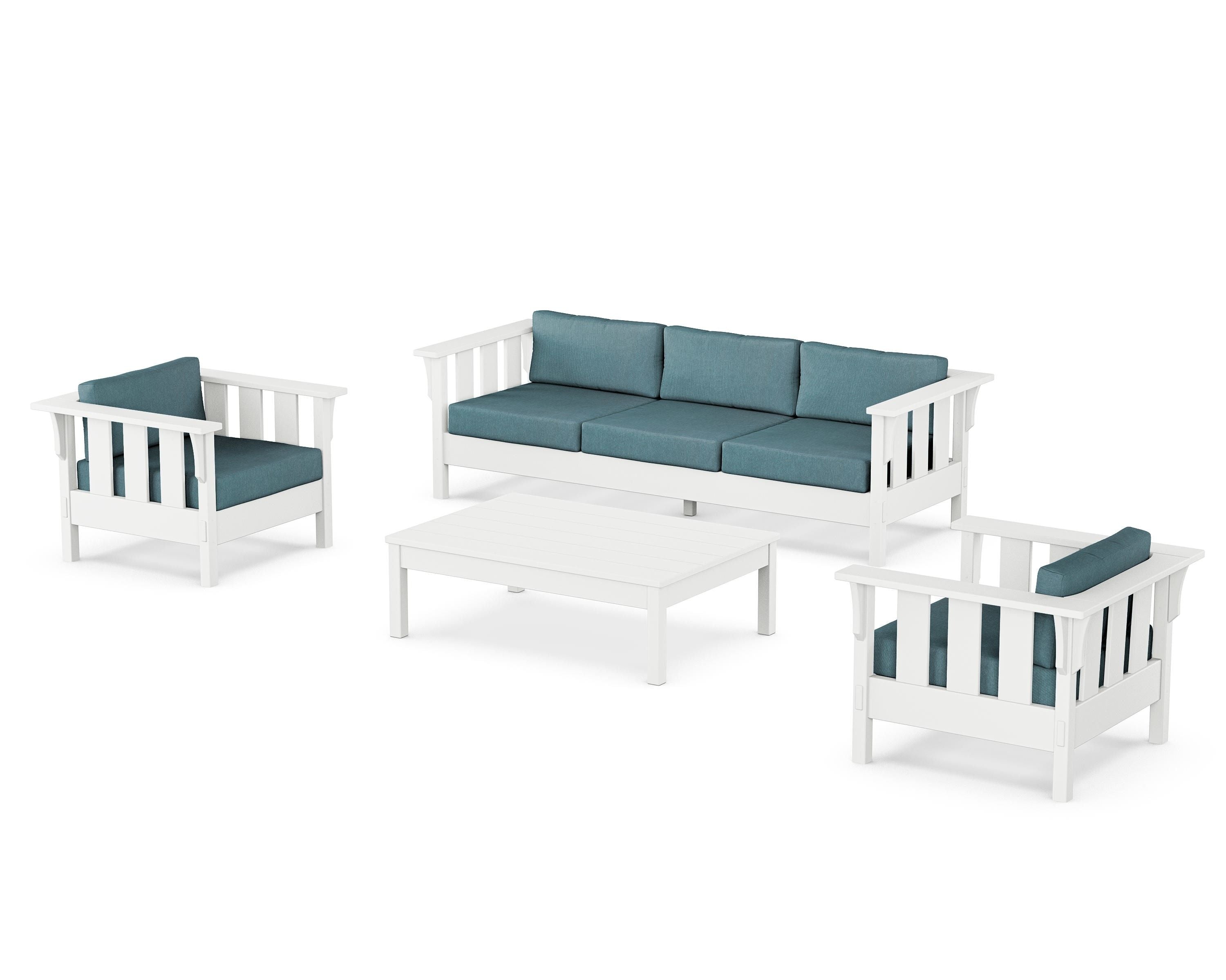 Martha Stewart by POLYWOOD Acadia 4-Piece Deep Seating Set with Sofa in White / Ocean Teal