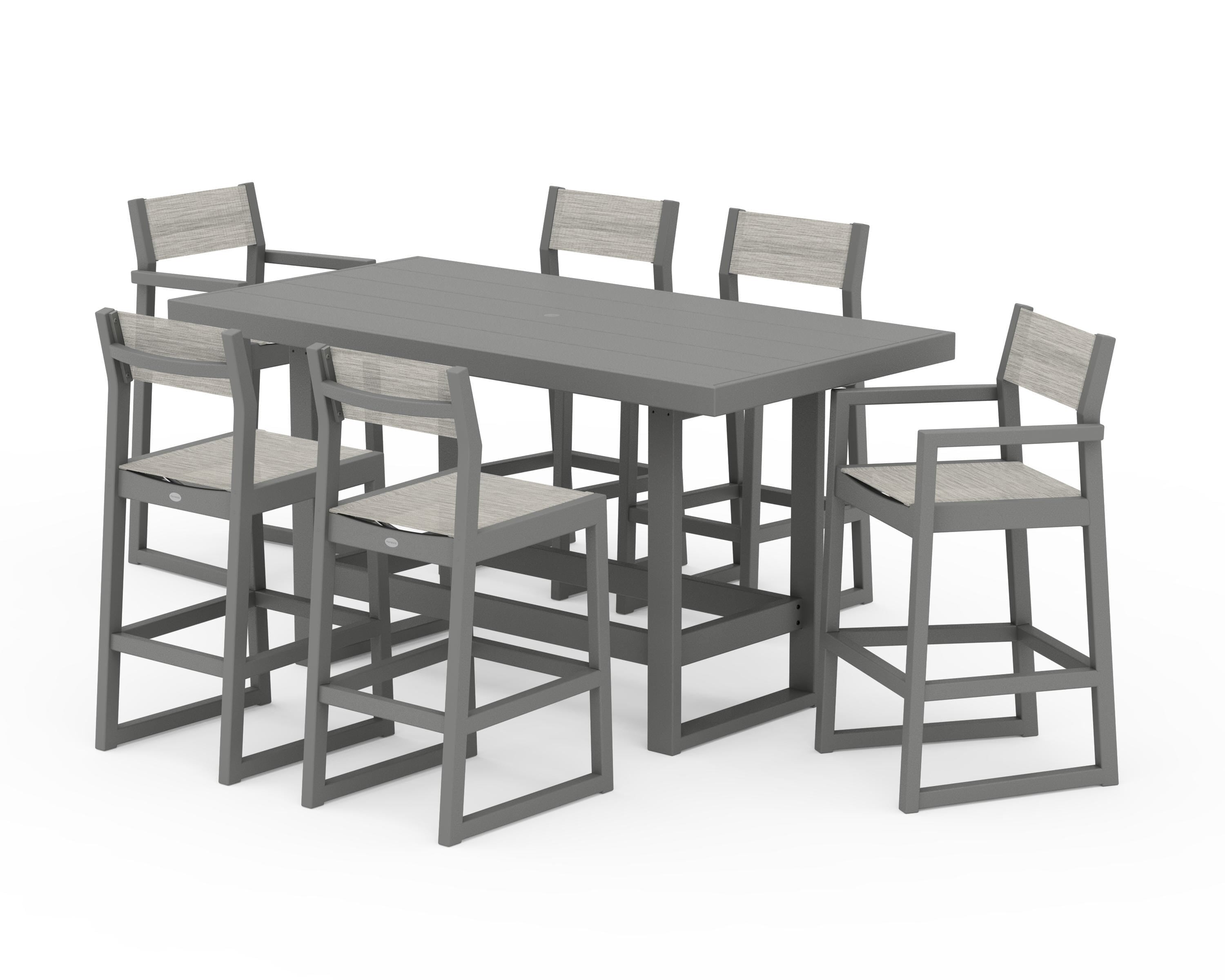 POLYWOOD EDGE Sling 7-Piece Bar Table Set in Slate Grey / Birch Sling