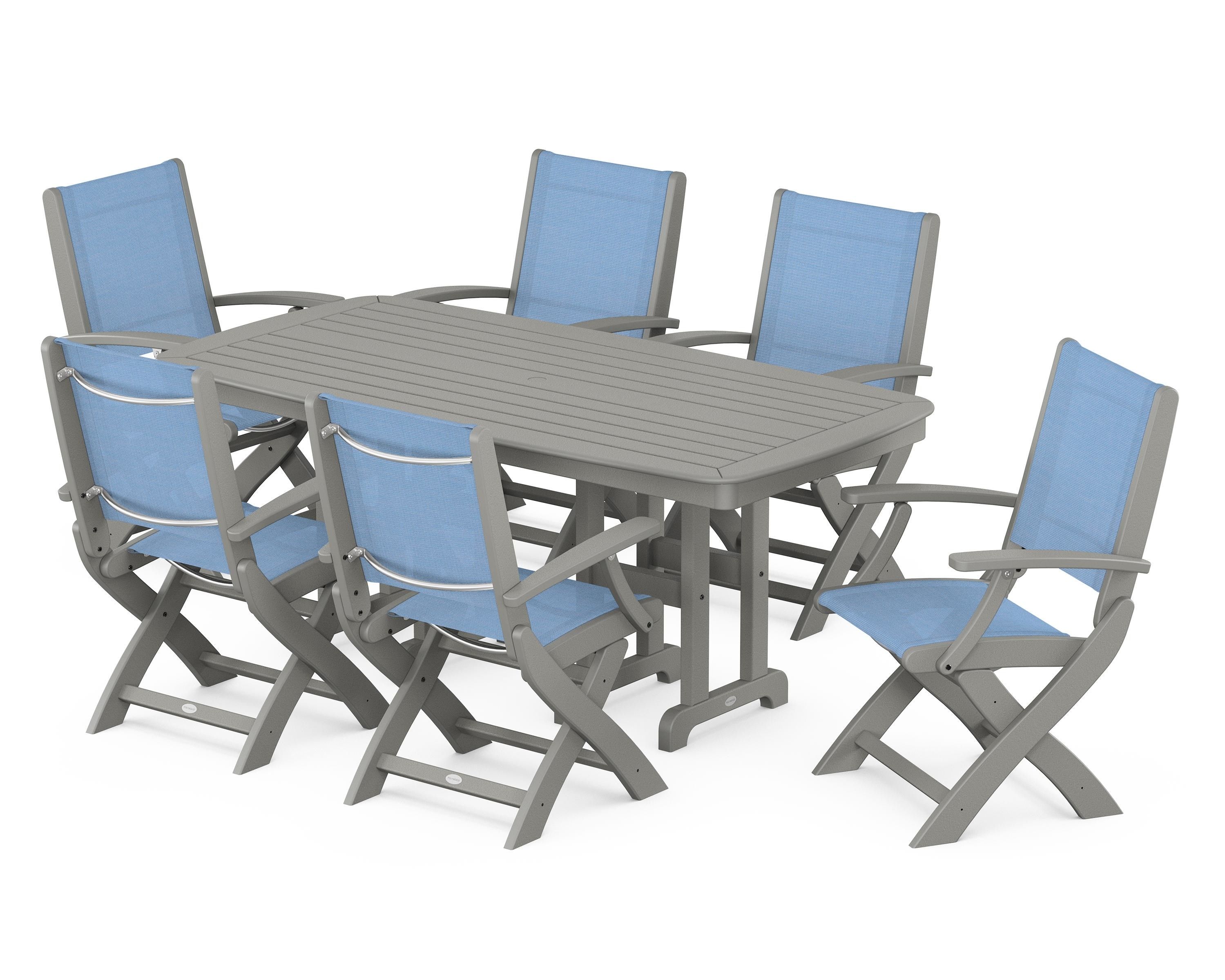 POLYWOOD Coastal Folding Arm Chair 7-Piece Dining Set in Slate Grey / Poolside Sling