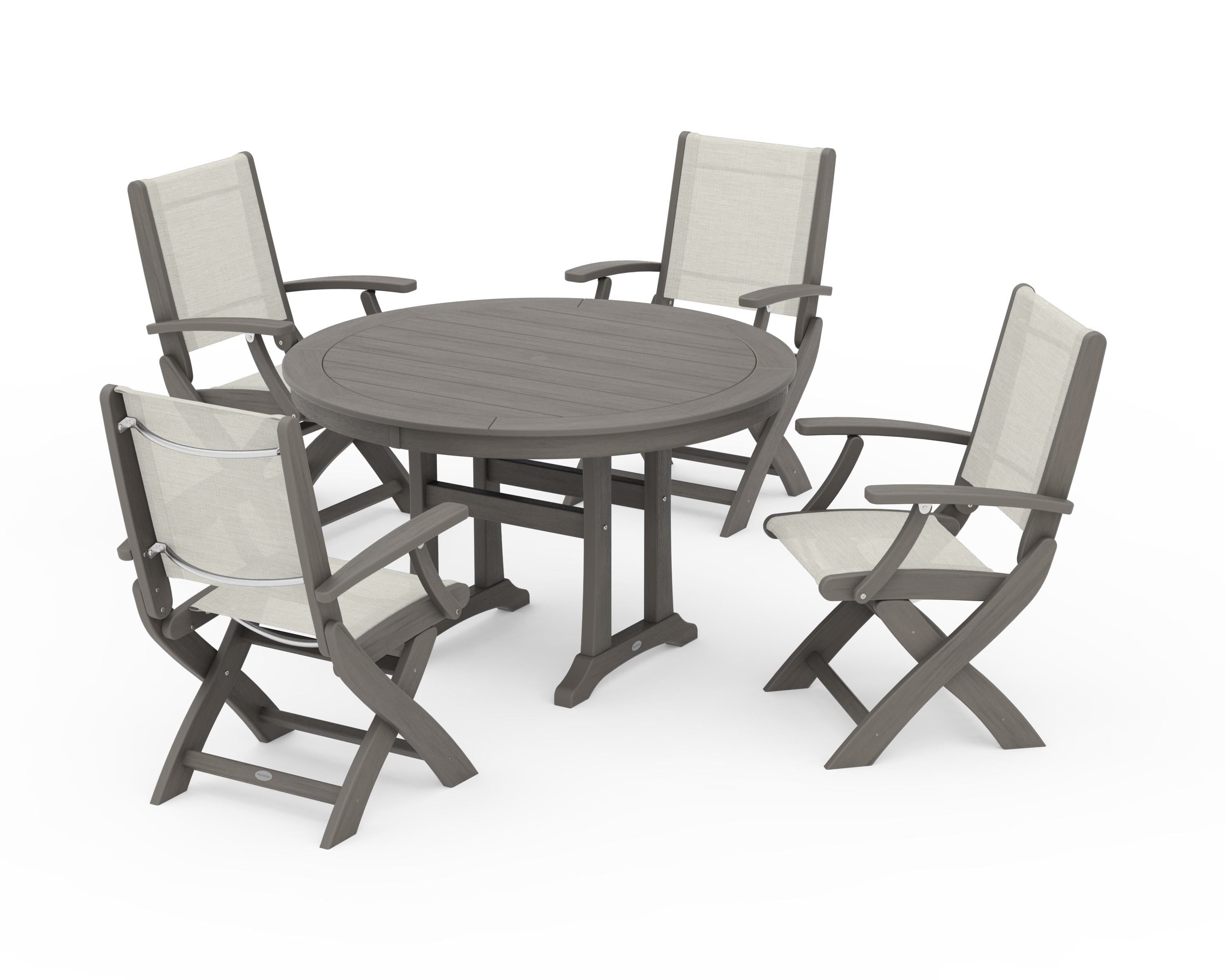 POLYWOOD Coastal Folding Chair 5-Piece Round Dining Set with Trestle Legs in Driftwood / Parchment Sling