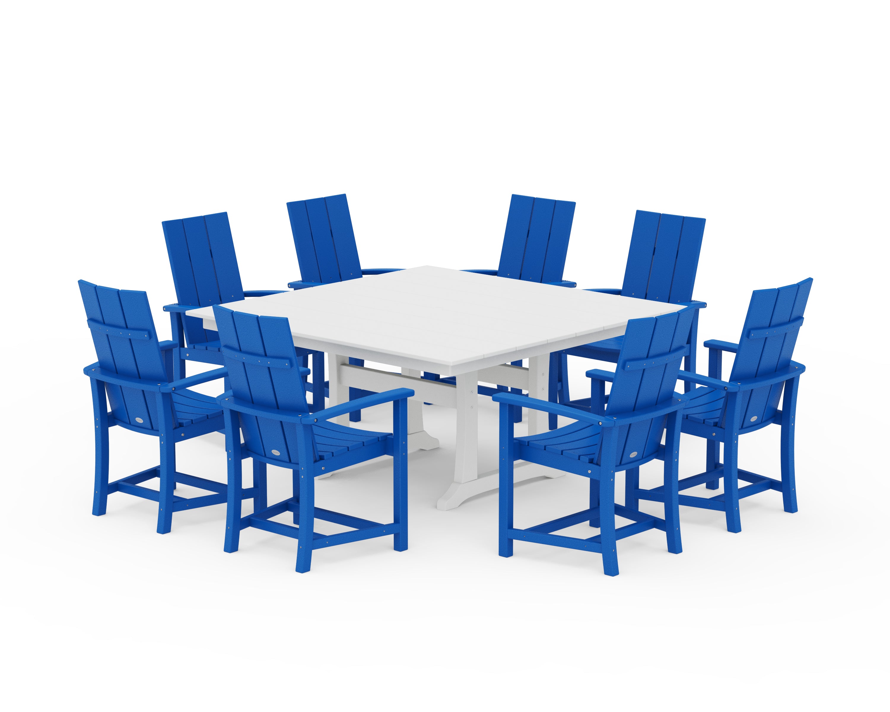 POLYWOOD Modern Adirondack 9-Piece Farmhouse Trestle Dining Set in Pacific Blue / White
