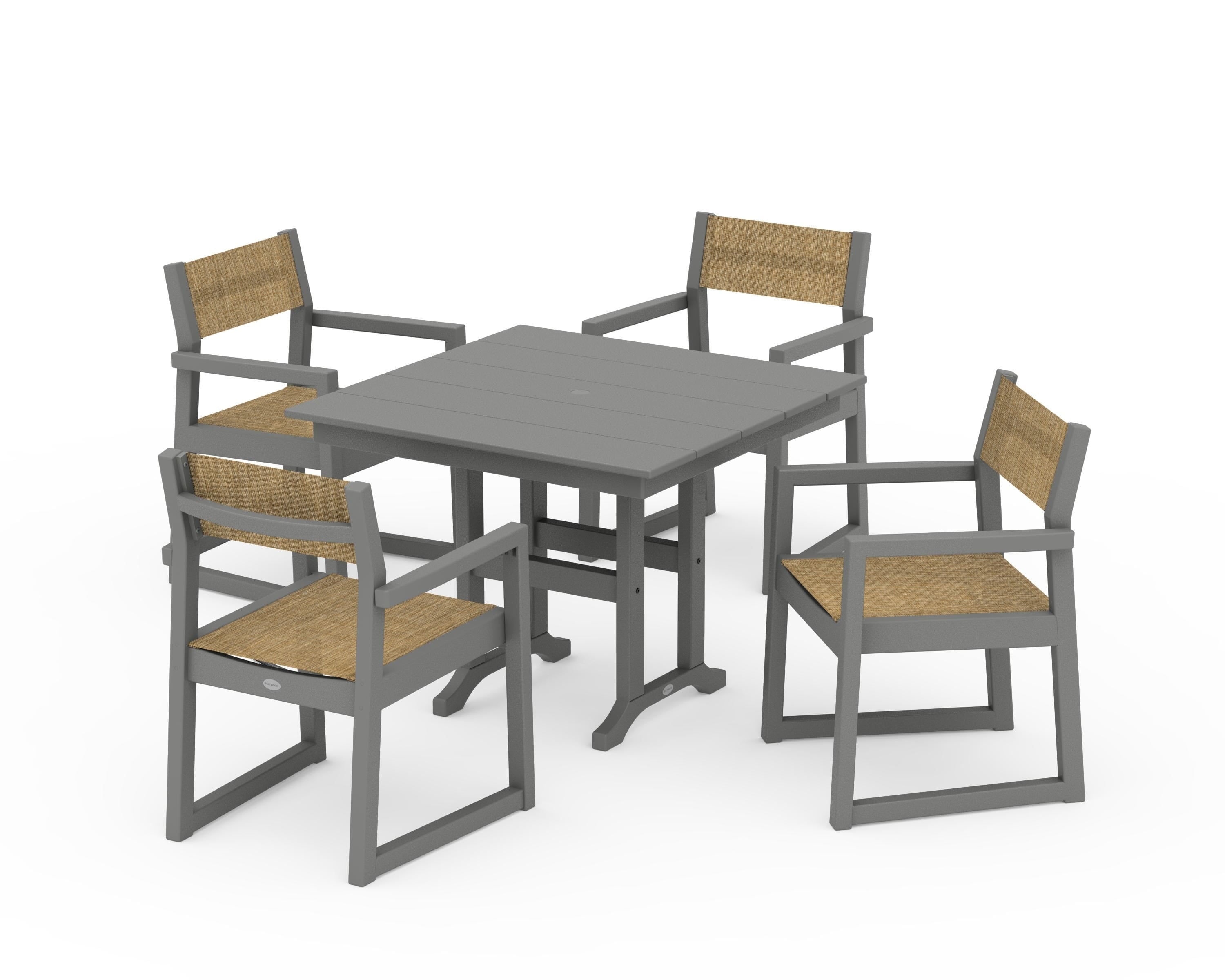 POLYWOOD EDGE Sling Arm Chair 5-Piece Farmhouse Dining Set in Slate Grey / Burlap Sling