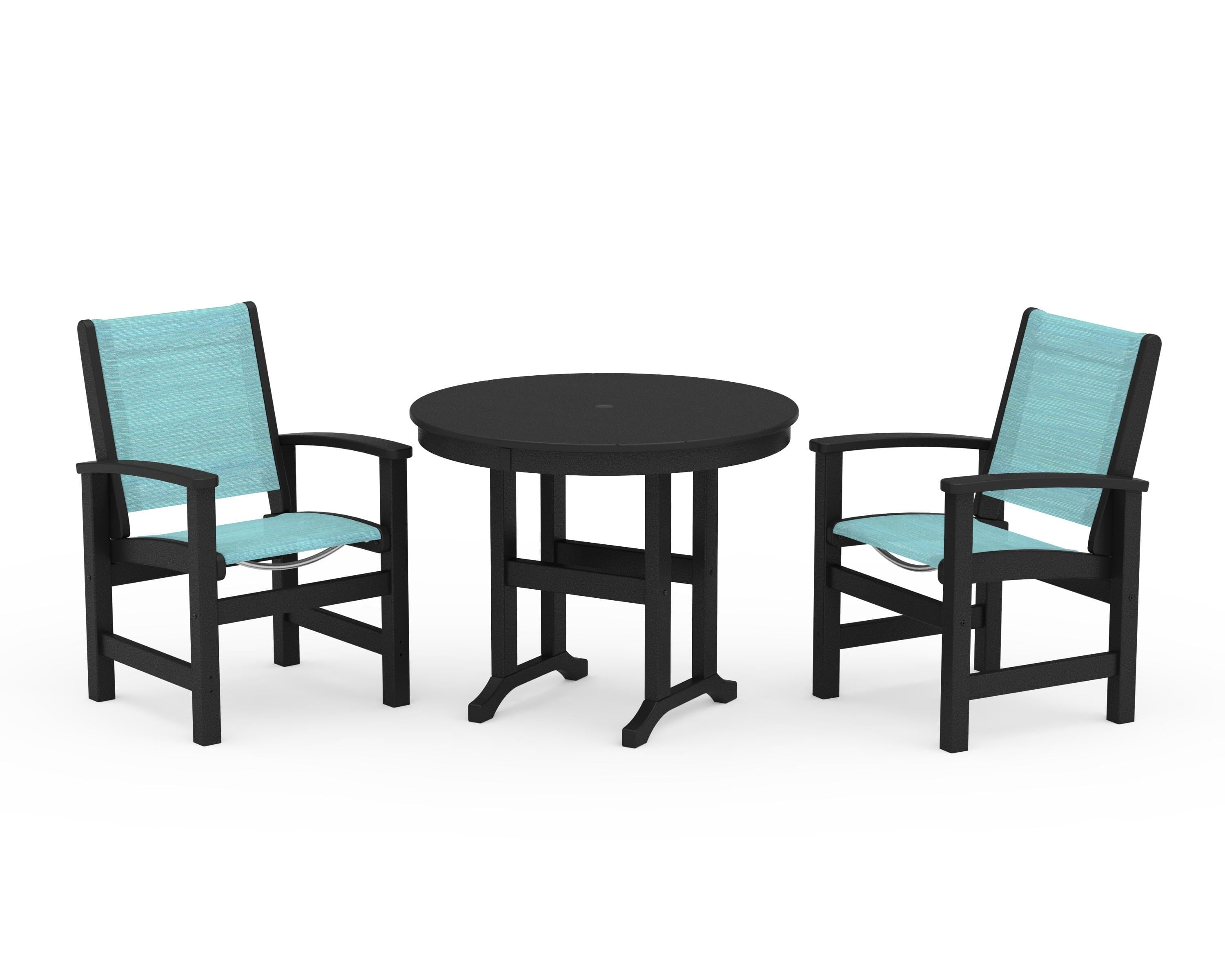 POLYWOOD Coastal 3-Piece Round Dining Set in Black / Dupioni Aquamarine Sling