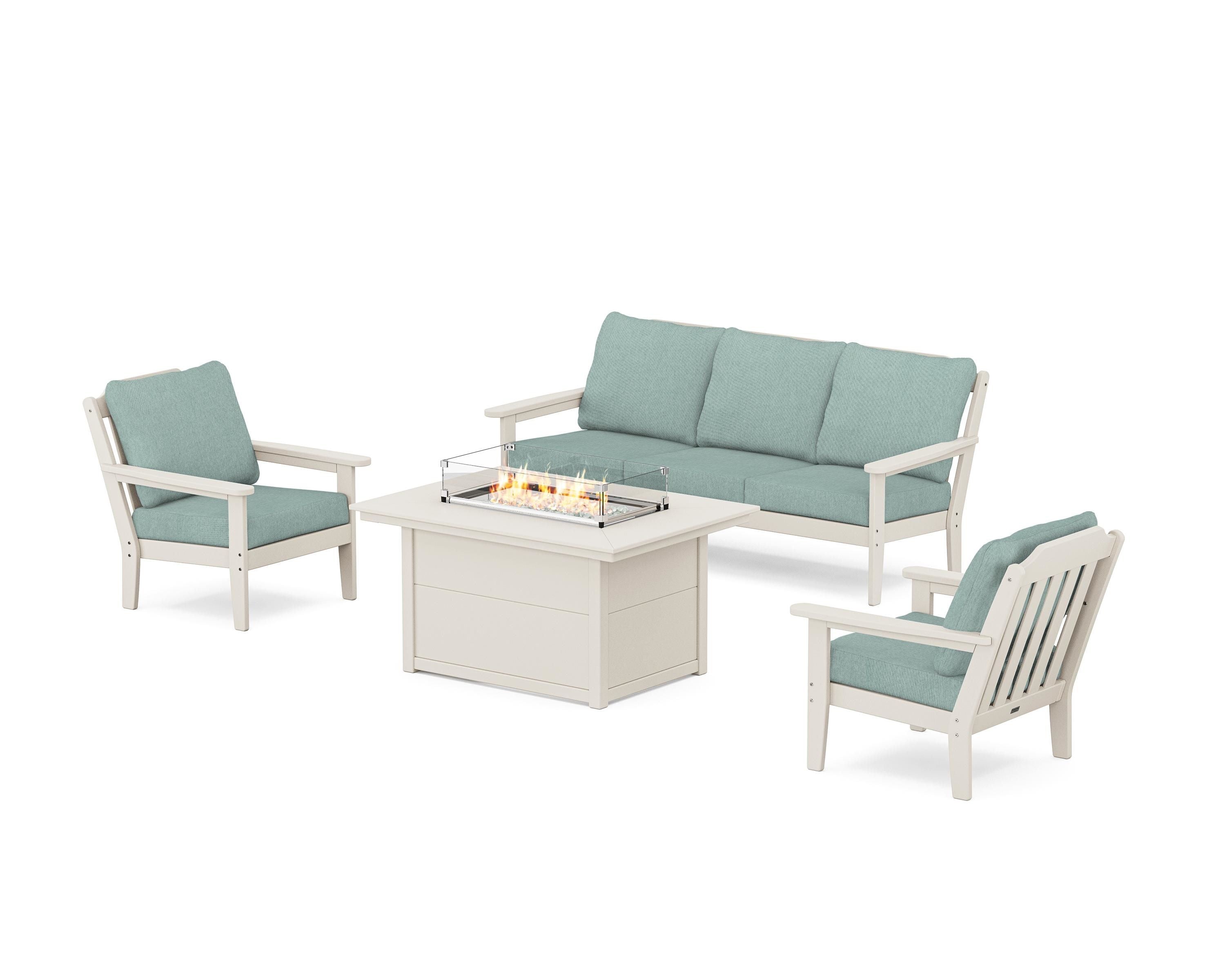 Country Living Cottage Deep Seating Fire Pit Table Set in Sand / Glacier Spa