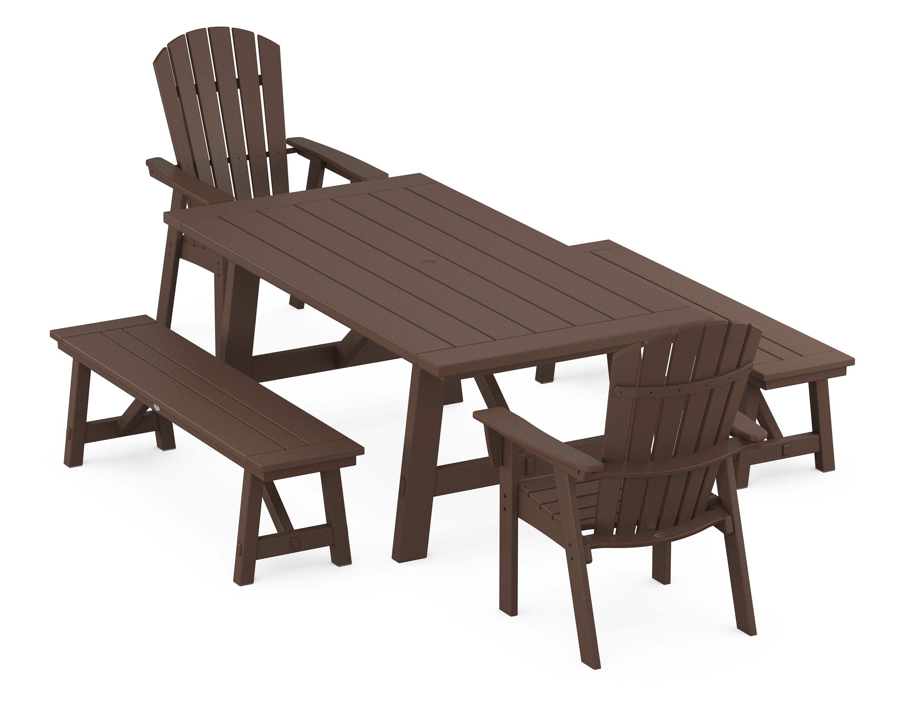 POLYWOOD® Nautical Curveback Adirondack 5-Piece Rustic Farmhouse Dining Set With Benches in Mahogany