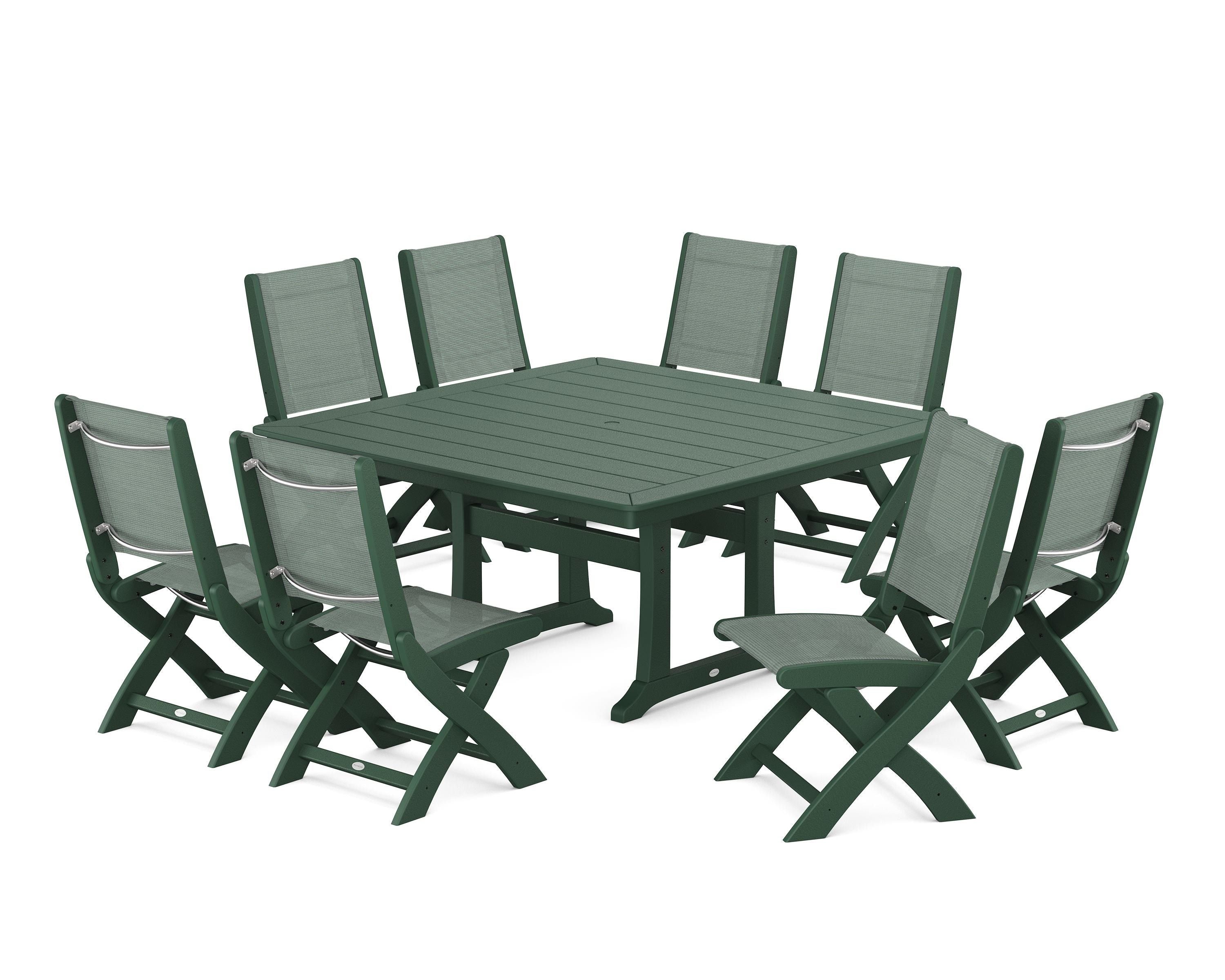 POLYWOOD Coastal Folding Side Chair 9-Piece Dining Set with Trestle Legs in Green / Dupioni Sea Mist Sling
