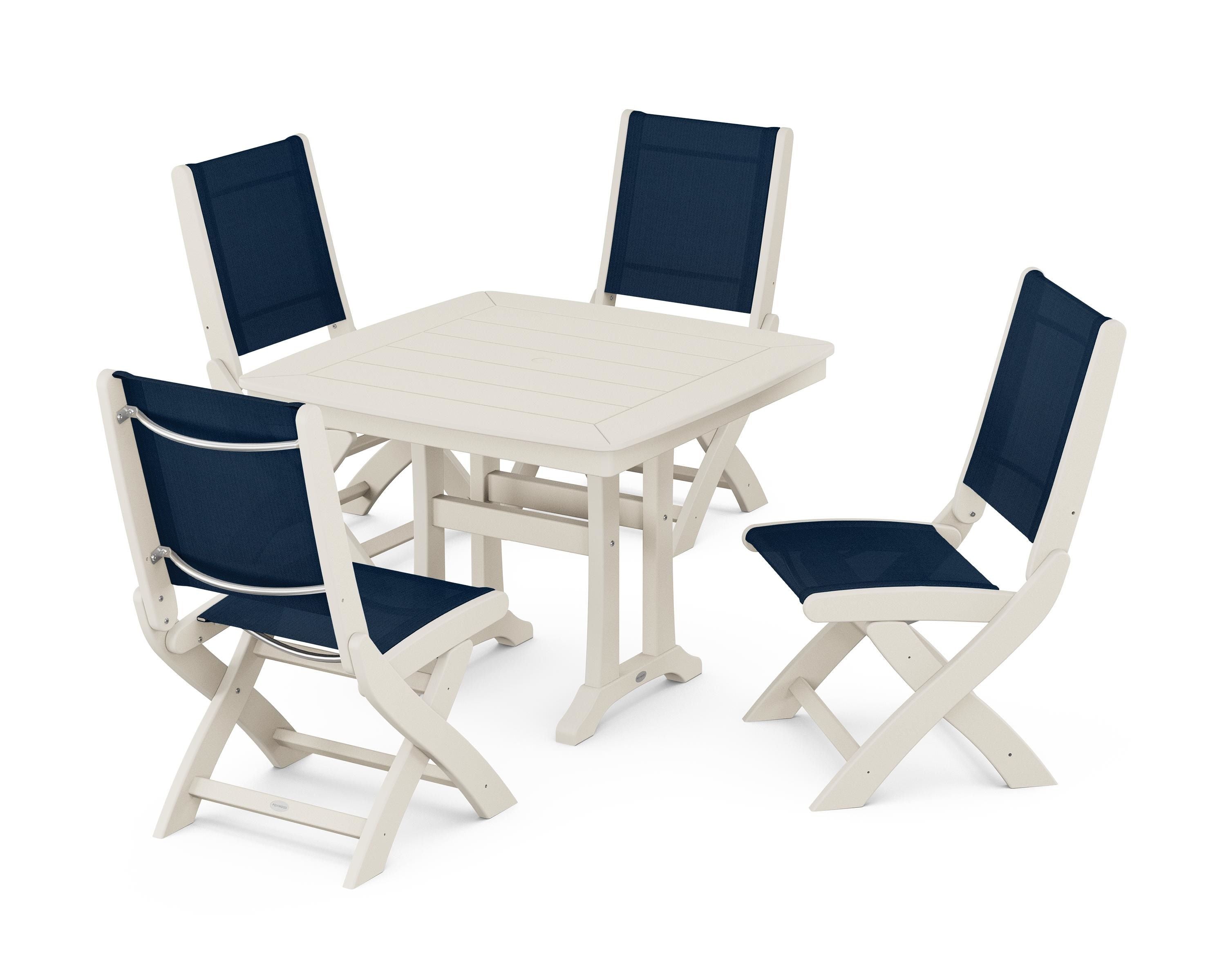 POLYWOOD Coastal Folding Side Chair 5-Piece Dining Set with Trestle Legs in Sand / Navy Blue Sling