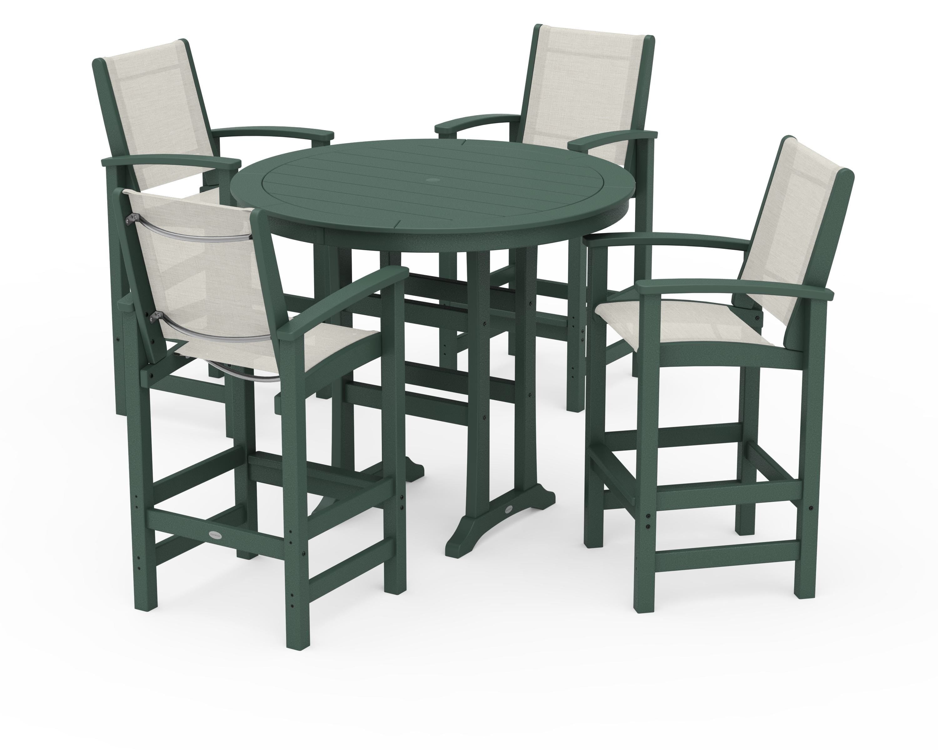 POLYWOOD Coastal 5-Piece Nautical Trestle Bar Set in Green / Parchment Sling