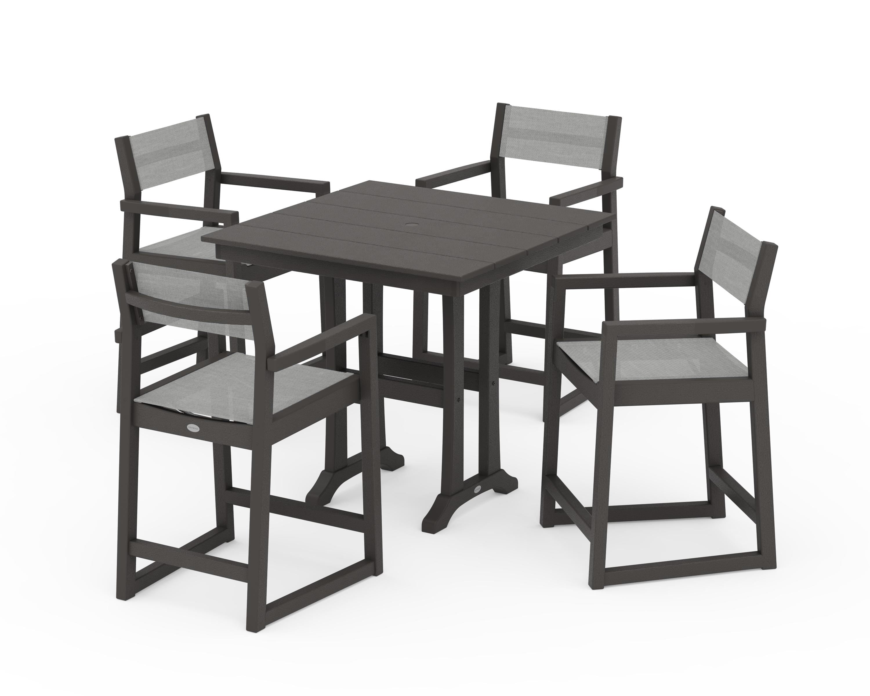 POLYWOOD EDGE Sling Arm Chair 5-Piece Farmhouse Counter Set with Trestle Legs in Vintage Coffee / Metallic Sling