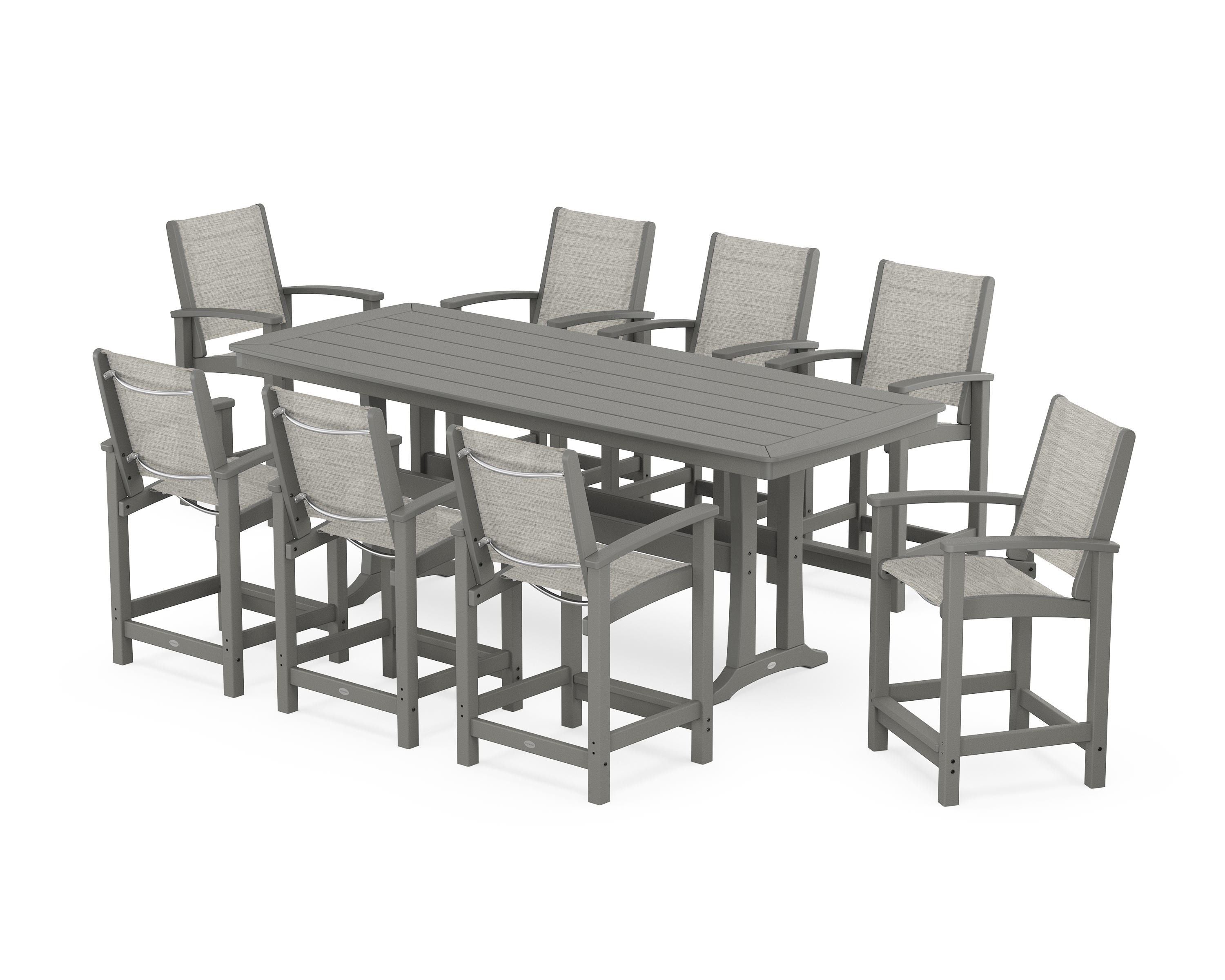 POLYWOOD Coastal 9-Piece Counter Set with Trestle Legs in Slate Grey / Birch Sling