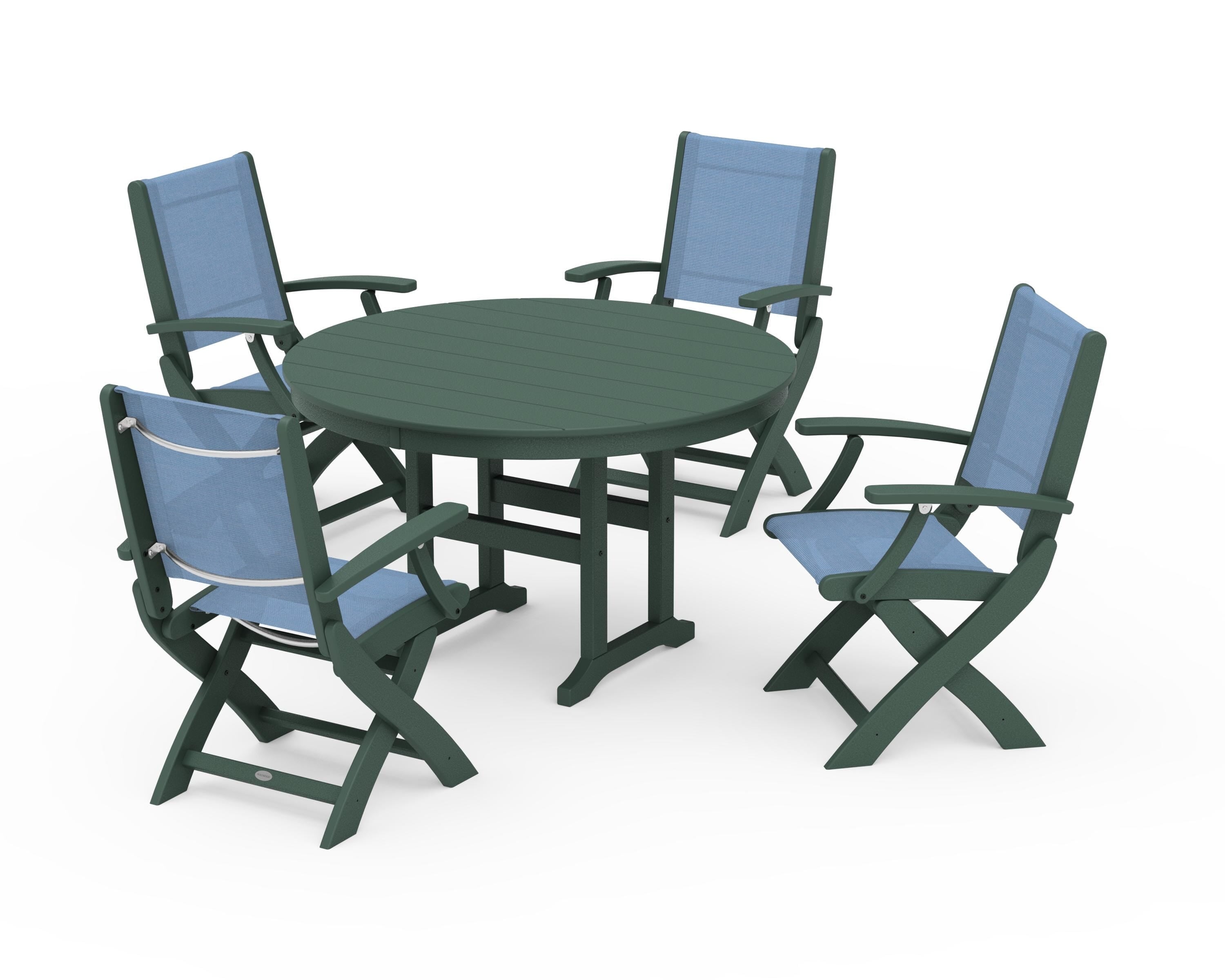 POLYWOOD Coastal Folding Chair 5-Piece Round Dining Set in Green / Poolside Sling