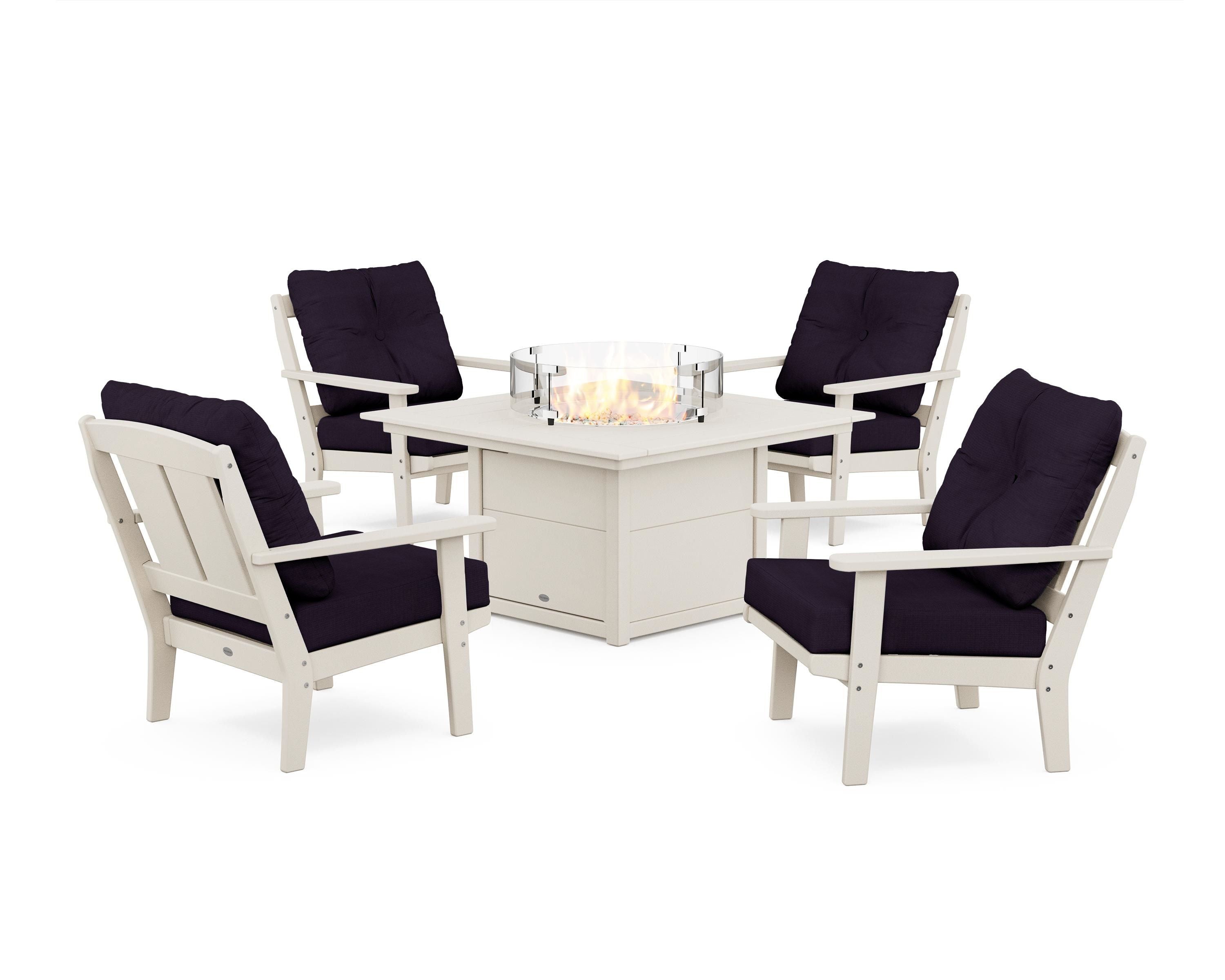 POLYWOOD Mission 5-Piece Deep Seating Set with Fire Pit Table in Sand / Navy Linen
