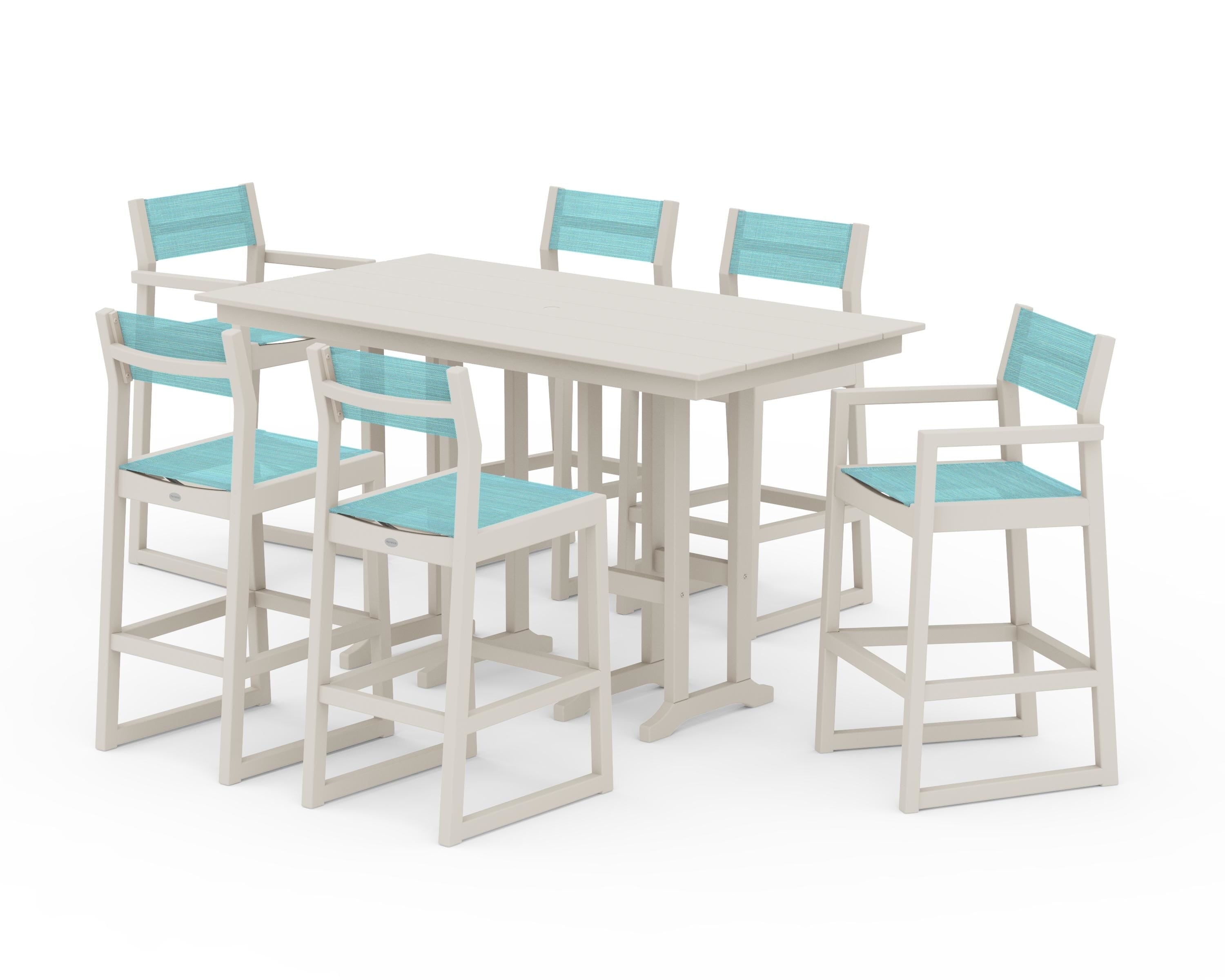 POLYWOOD EDGE Sling 7-Piece Farmhouse Bar Set in Sand / Dupioni Aquamarine Sling