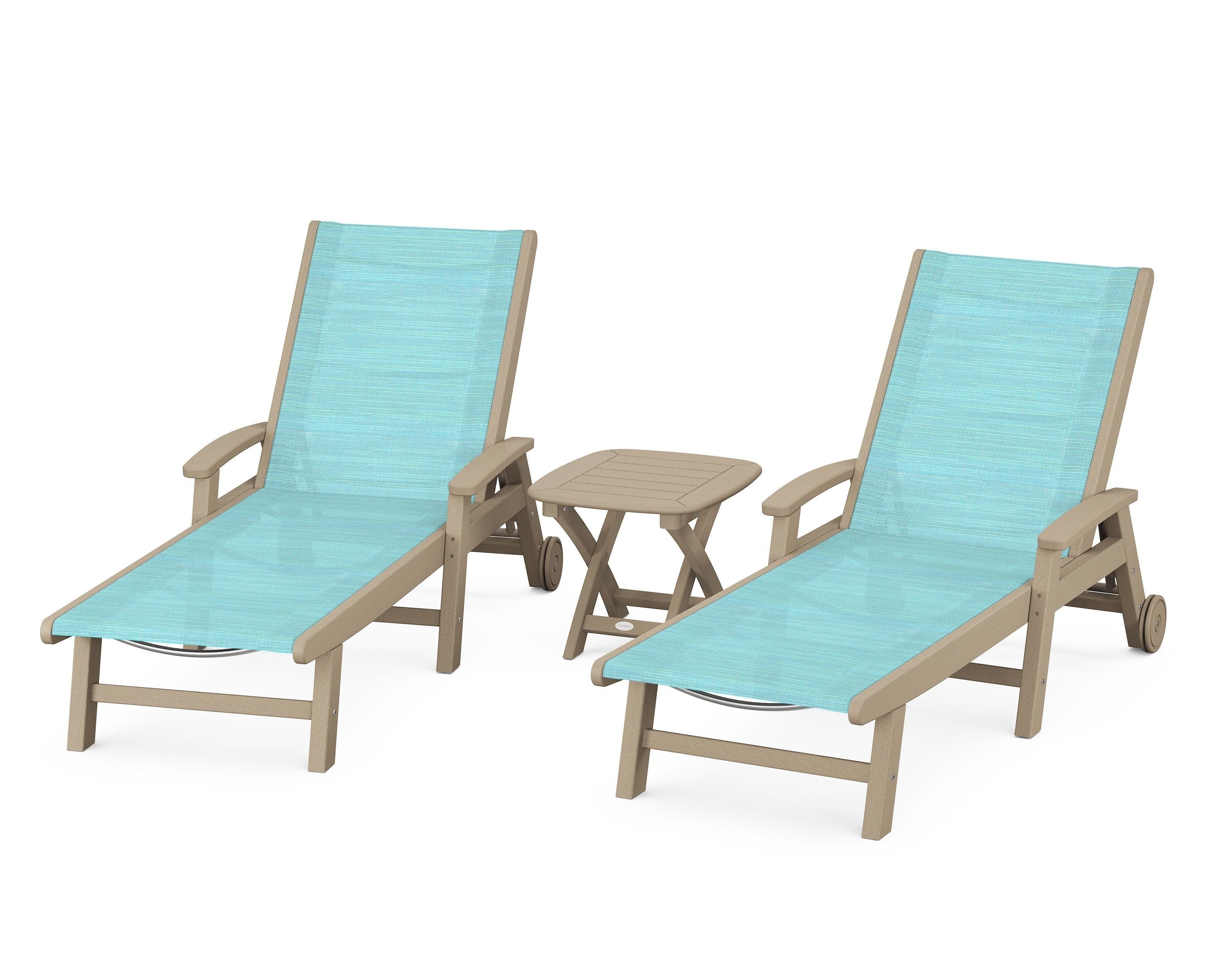 POLYWOOD Coastal 3-Piece Wheeled Chaise Set in Vintage Sahara / Dupioni Aquamarine Sling