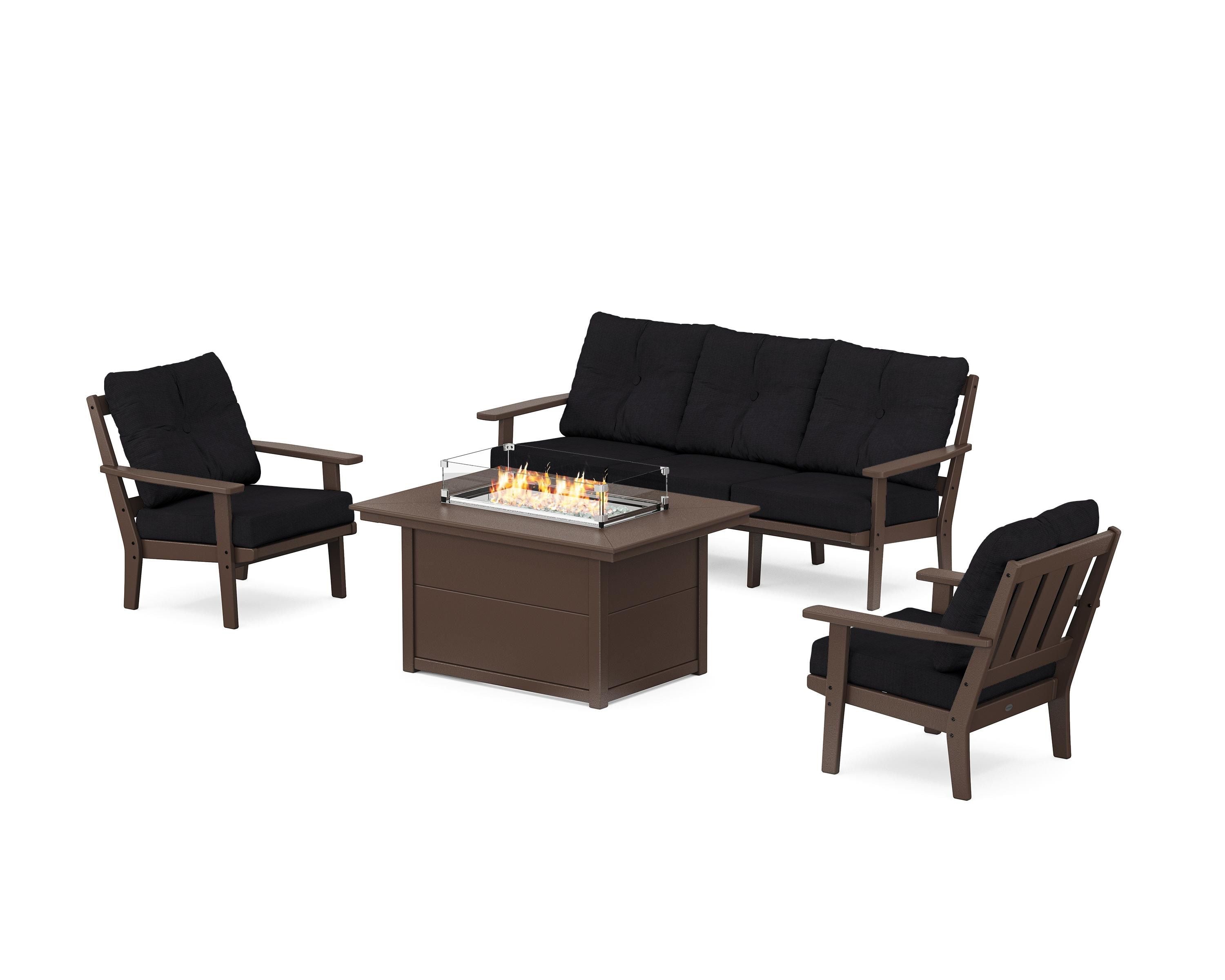 POLYWOOD Oxford Deep Seating Fire Pit Table Set in Mahogany / Midnight Linen