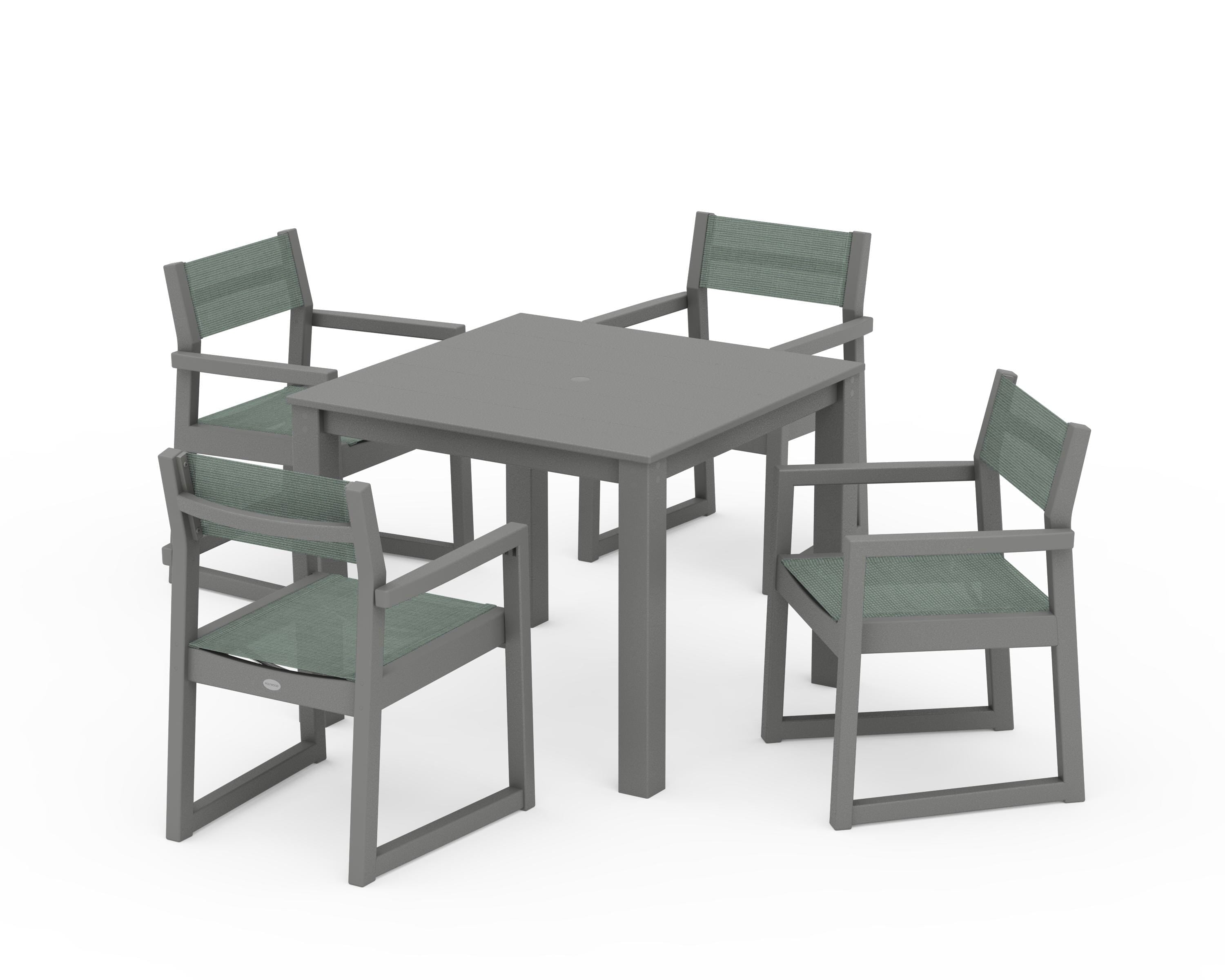 POLYWOOD EDGE Sling Arm Chair 5-Piece Parsons Dining Set in Slate Grey / Dupioni Sea Mist Sling