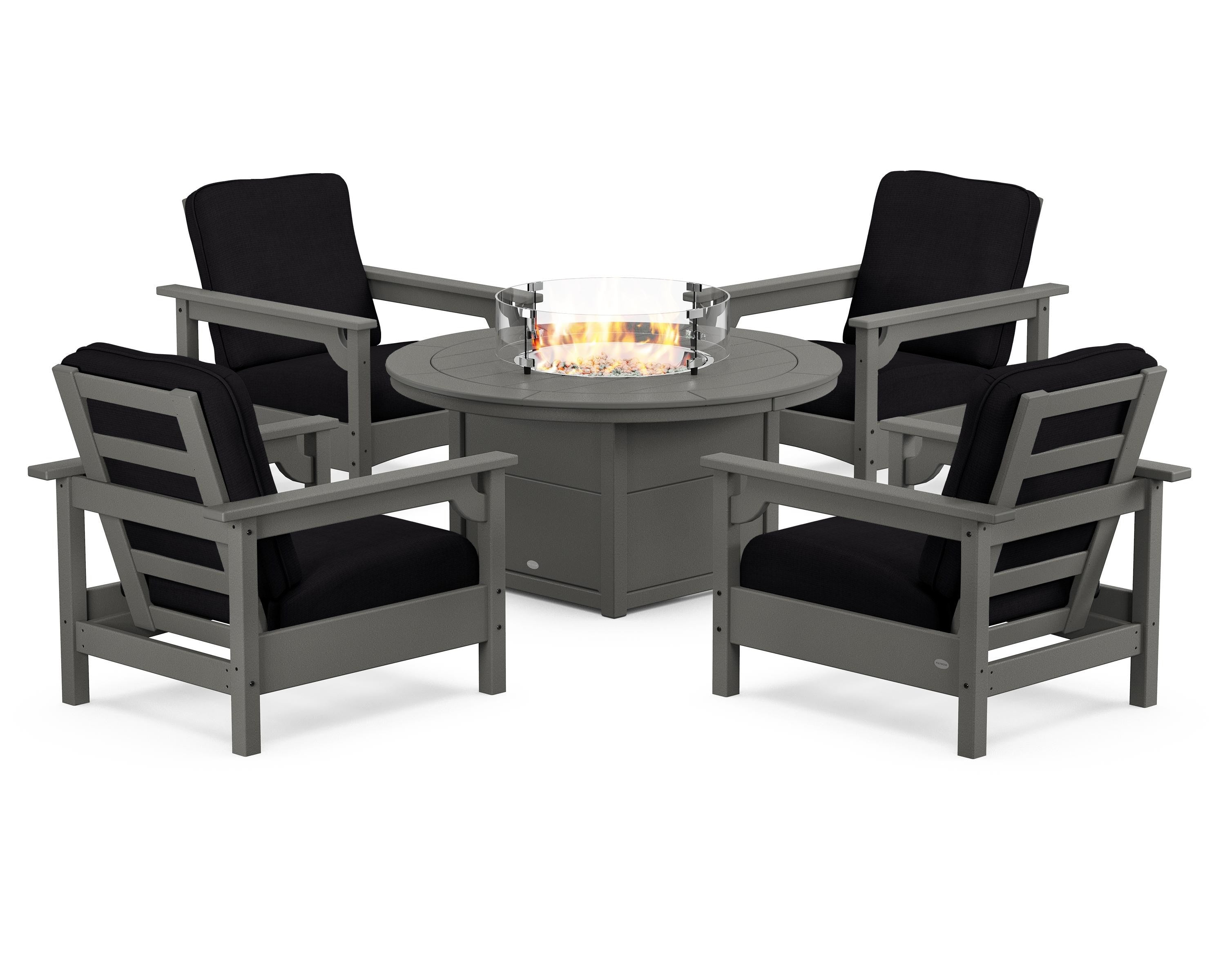 POLYWOOD Club 5-Piece Conversation Set with Fire Pit Table in Slate Grey / Midnight Linen