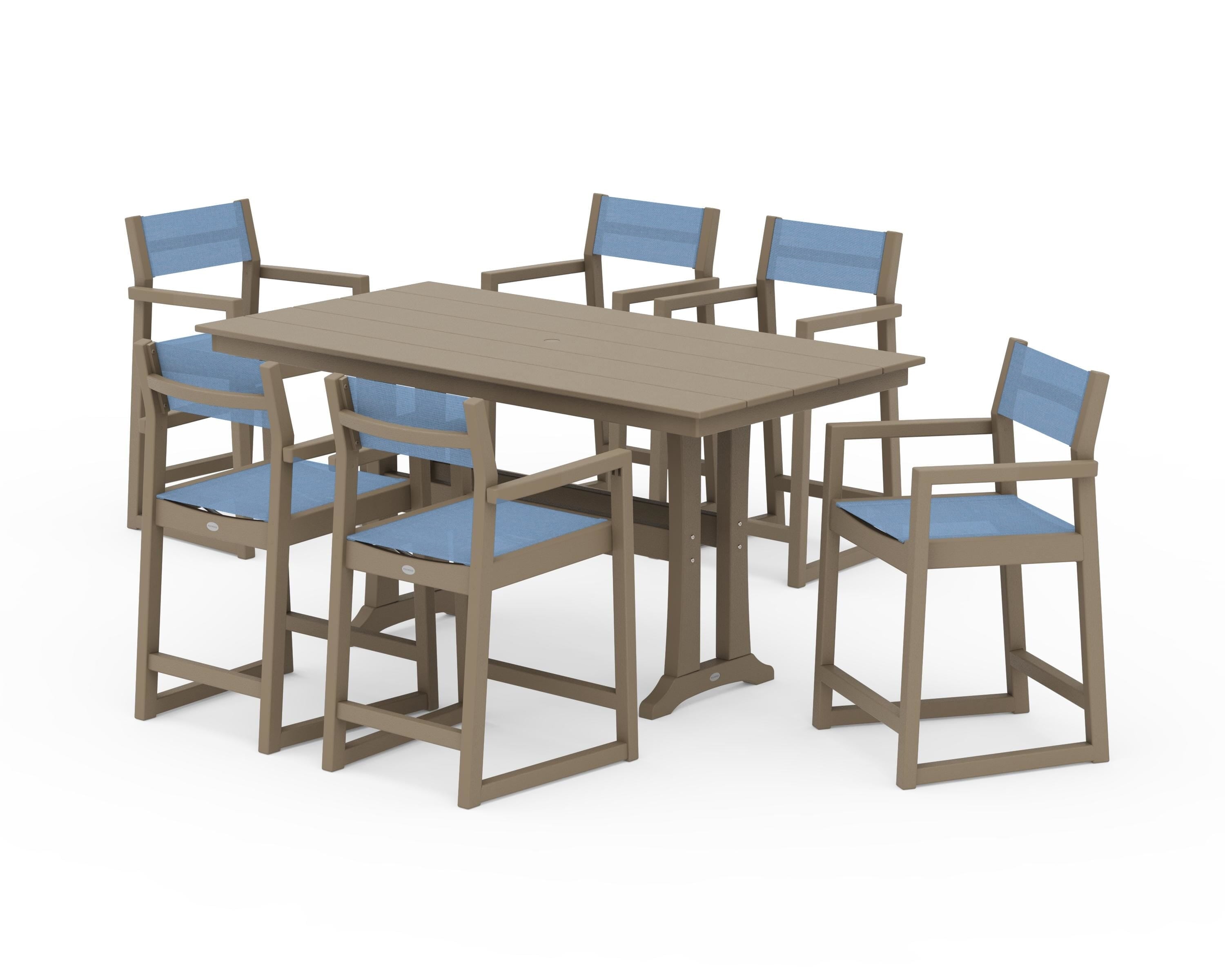 POLYWOOD EDGE Sling Arm Chair 7-Piece Farmhouse Counter Set with Trestle Legs in Vintage Sahara / Poolside Sling