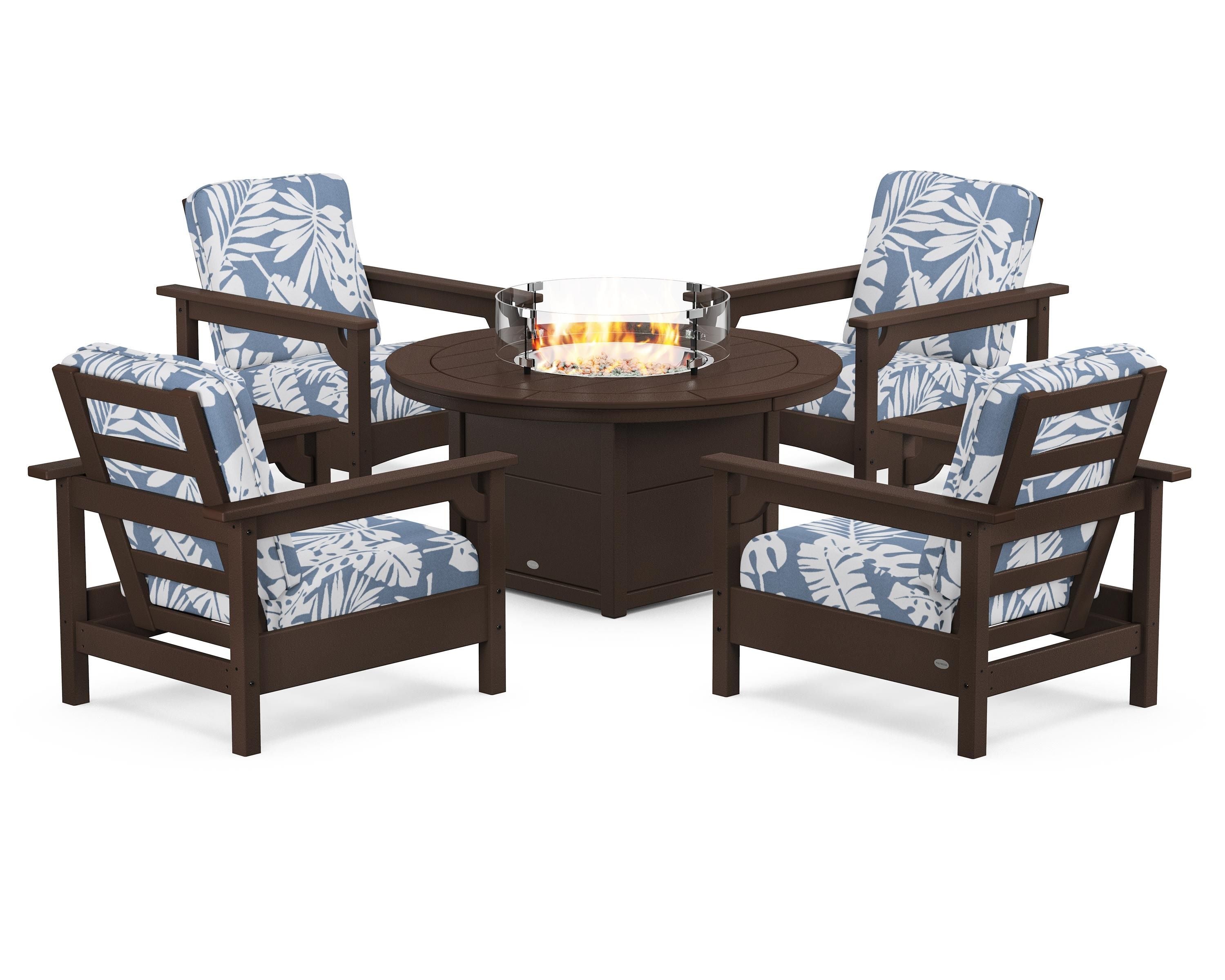 POLYWOOD Club 5-Piece Conversation Set with Fire Pit Table in Mahogany / Leaf Sky Blue