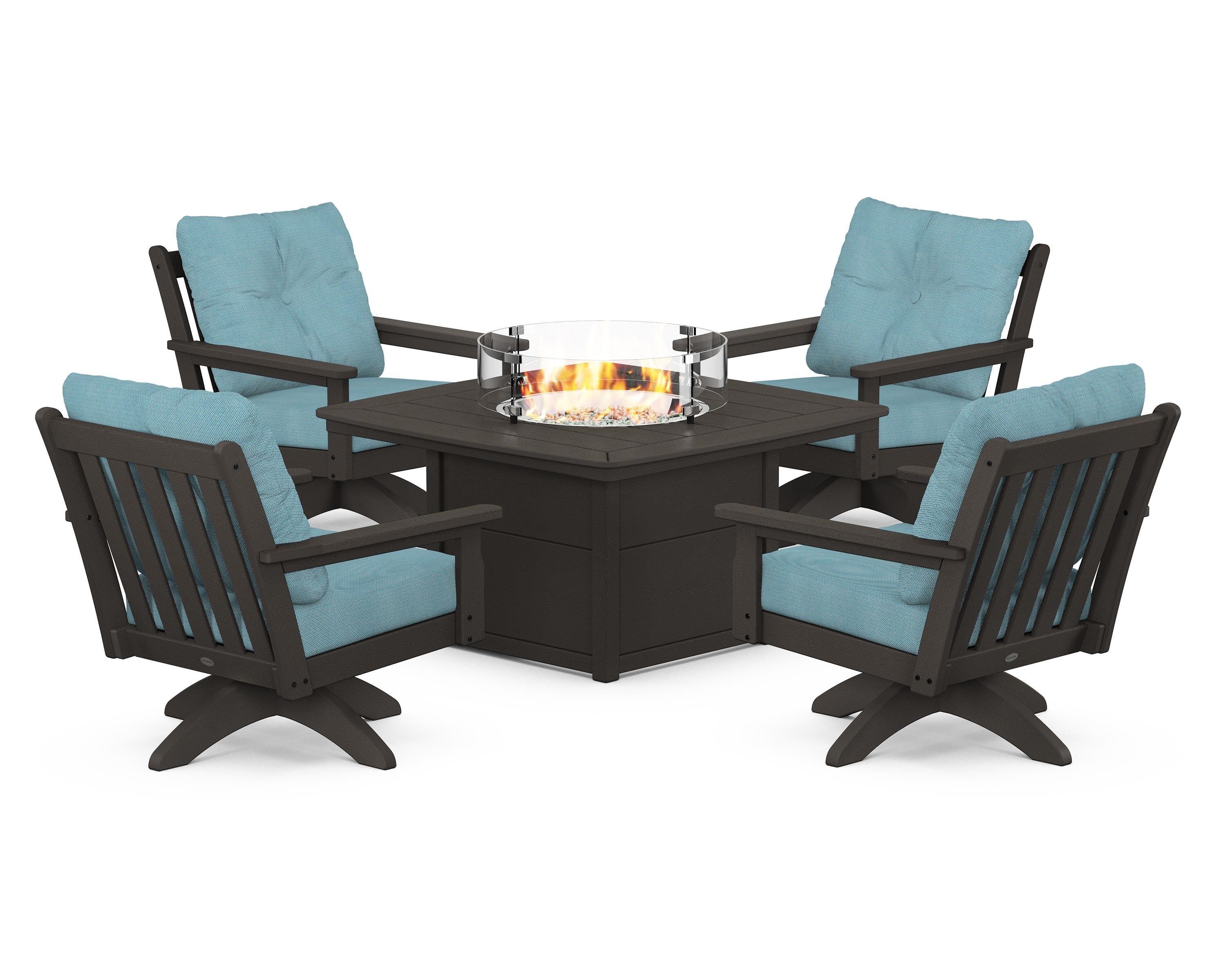 POLYWOOD Vineyard 5-Piece Deep Seating Swivel Conversation Set with Fire Pit Table in Vintage Coffee / Lattice Sky Blue