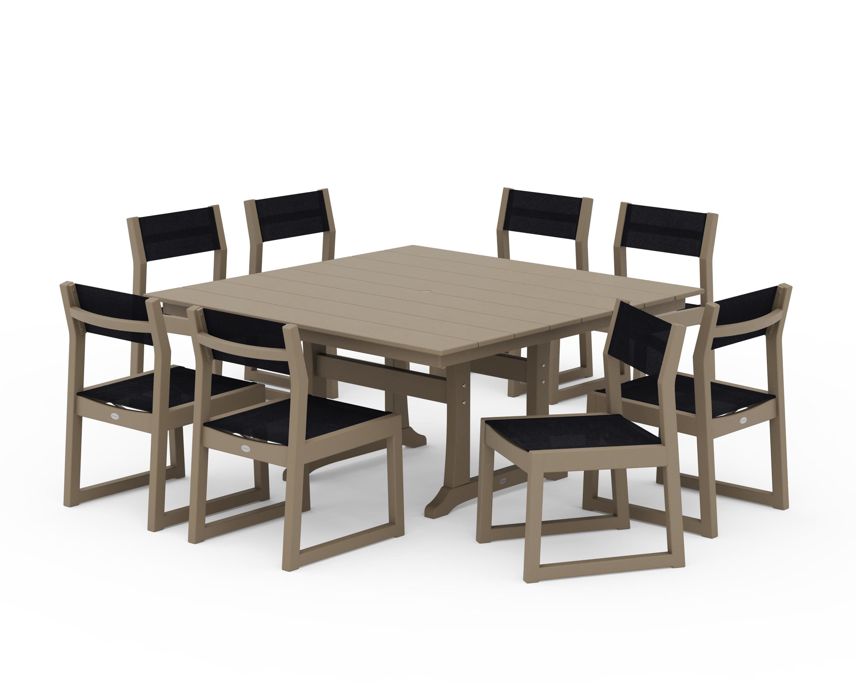 POLYWOOD EDGE Sling Side Chair 9-Piece Farmhouse Trestle Dining Set in Vintage Sahara / Black Sling