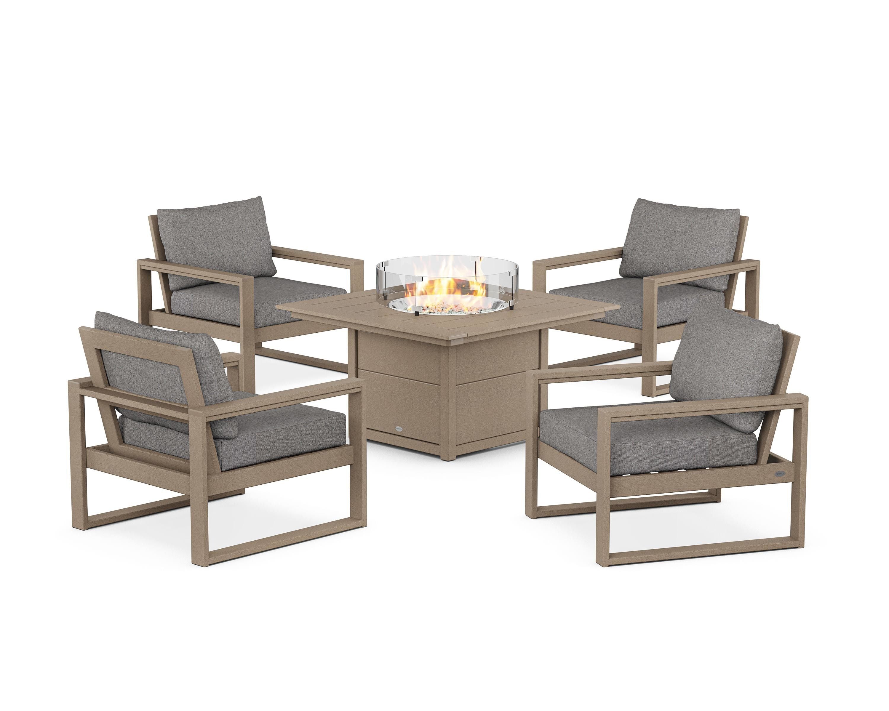 POLYWOOD EDGE Sectional 5-Piece Deep Seating Set with Fire Pit Table in Vintage Sahara / Grey Mist